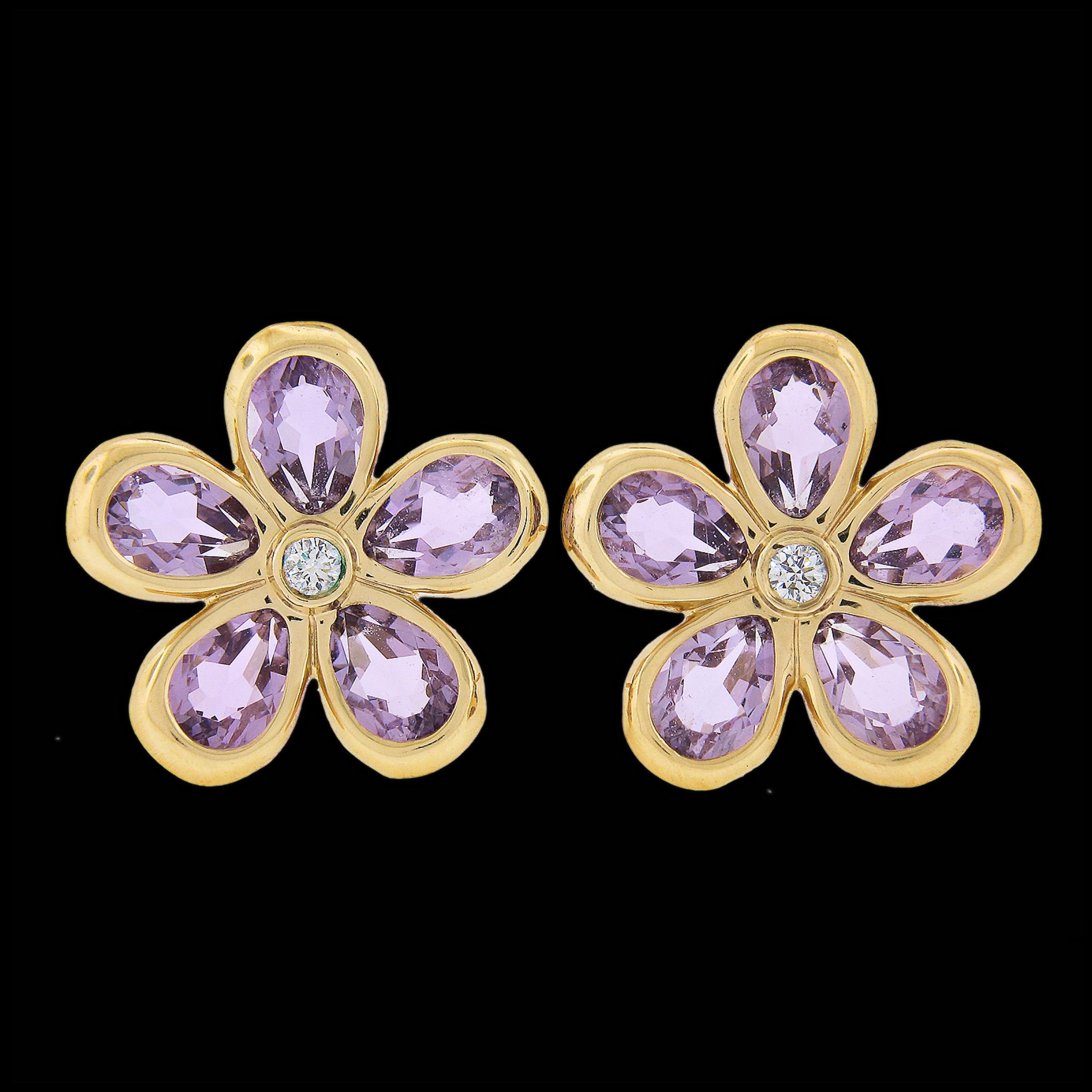 Pear Cut Tiffany & Co. 18K Rose Gold Bezel Amethyst & Diamond Flower Stud Earrings