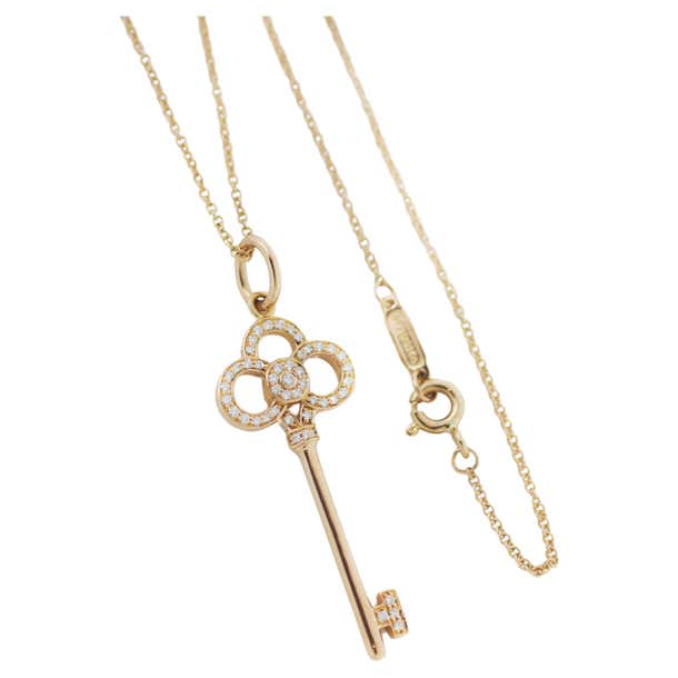 Tiffany and Co. 18K Rose Gold Crown Key with Diamonds Pendant Necklace ...