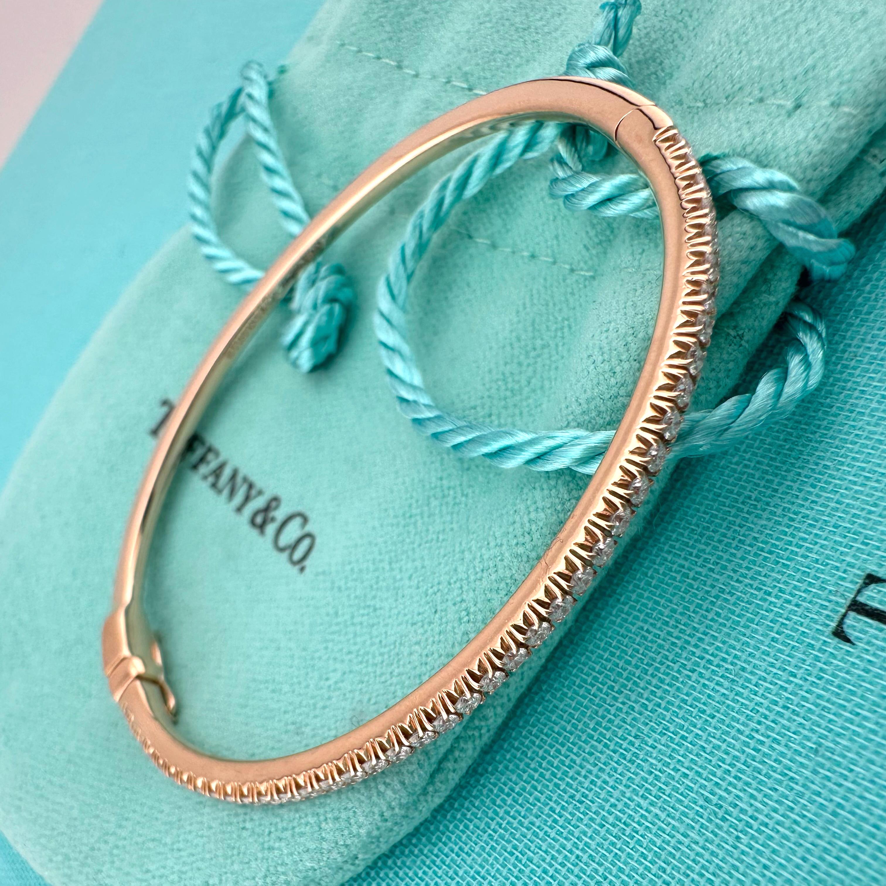 Tiffany & Co 18k Rose Gold Diamond Metro Hinged Bangle Bracelet For Sale 5