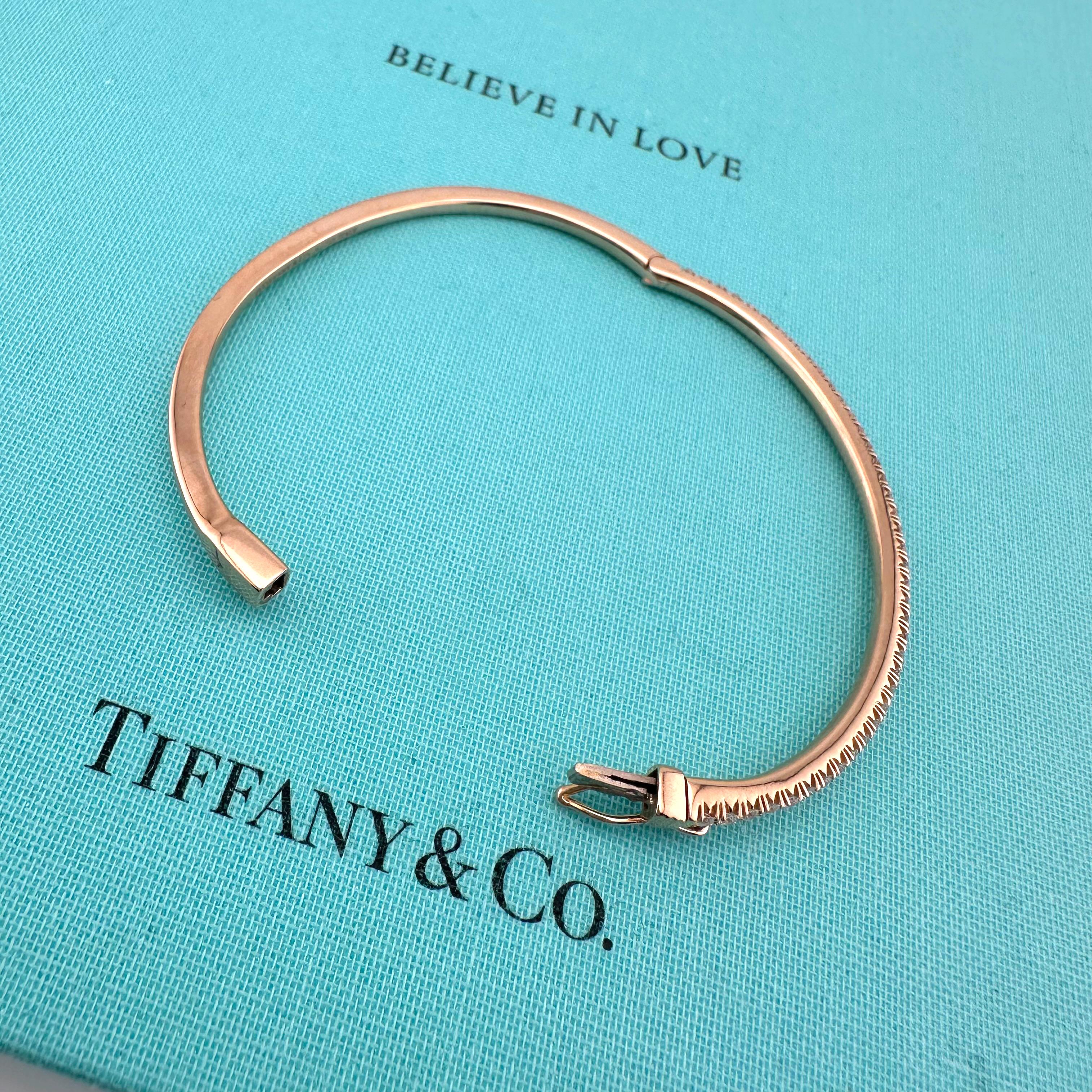 Tiffany & Co 18k Rose Gold Diamond Metro Hinged Bangle Bracelet For Sale 6
