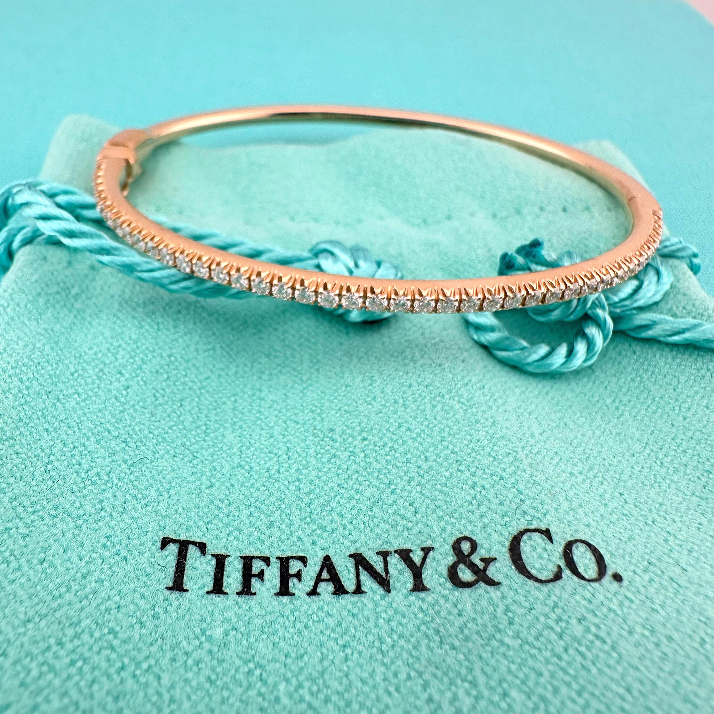 Tiffany & Co 18k Rose Gold Diamond Metro Hinged Bangle Bracelet For Sale 2