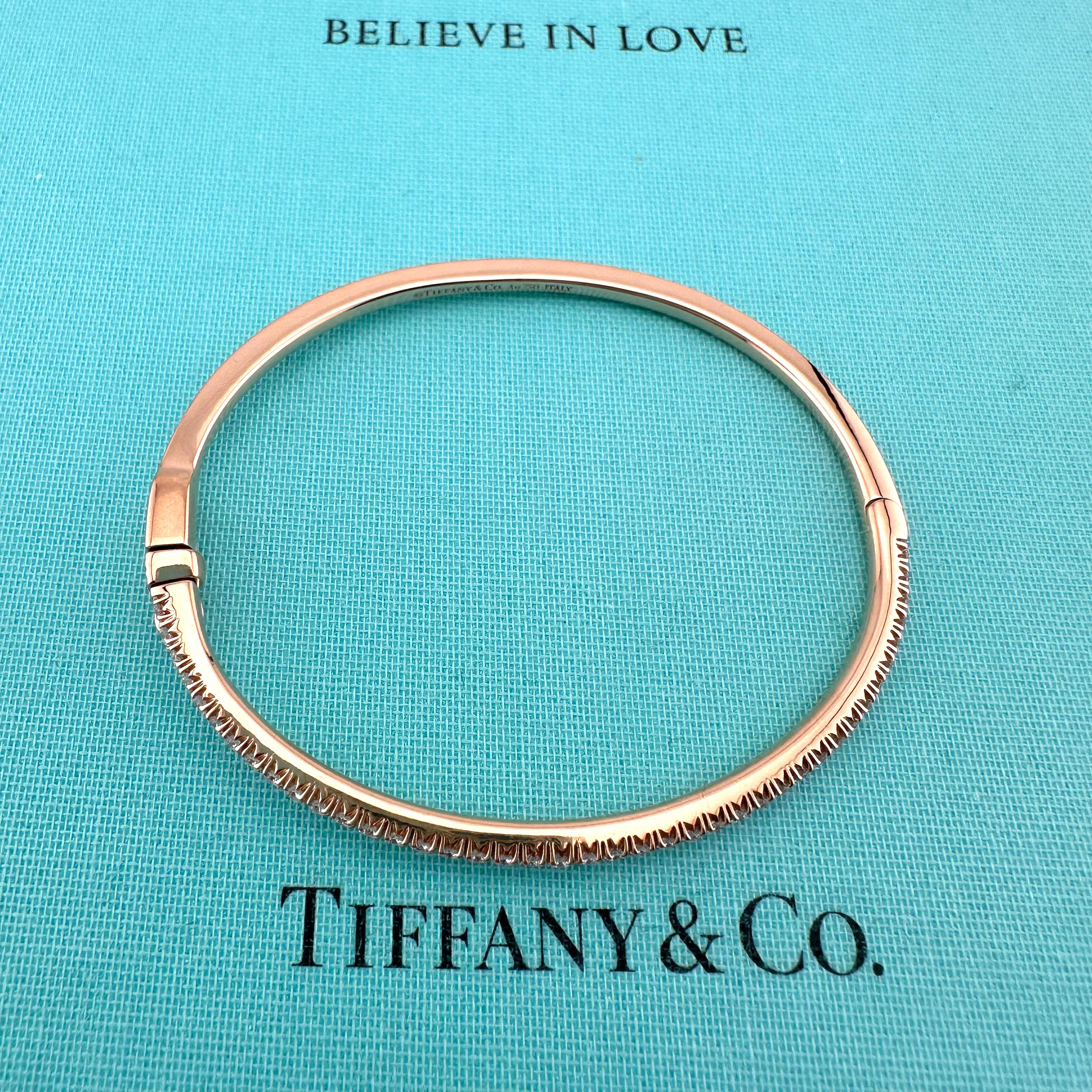 Tiffany & Co 18k Rose Gold Diamond Metro Hinged Bangle Bracelet For Sale 3