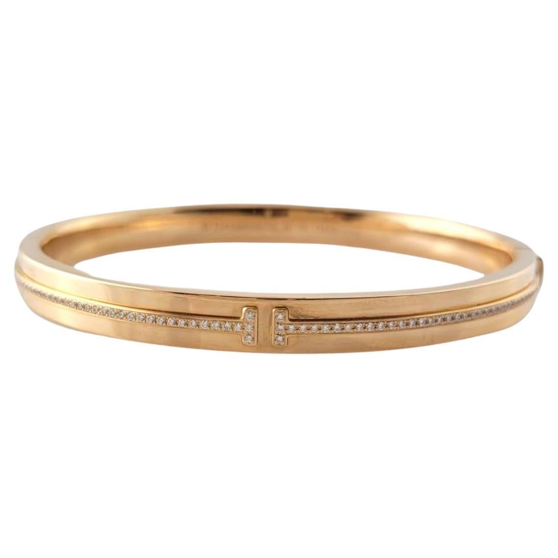 Tiffany & Co 18K Rose Gold Diamond T Hinged Bangle Bracelet #17787