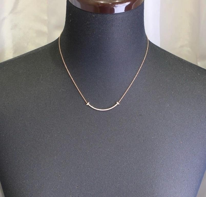 Women's TIFFANY & Co. 18K Rose Gold Diamond T Smile Pendant Necklace For Sale