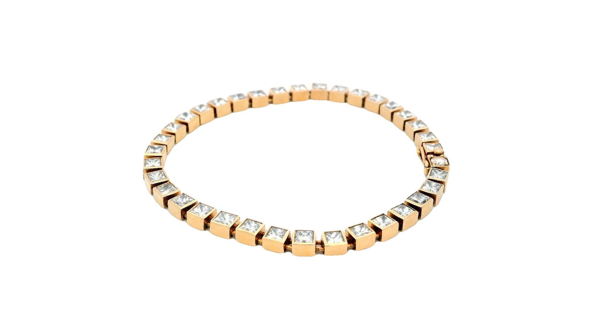 Expertly crafted in 18k rose gold, this contemporary bracelet by Tiffany & Co. showcases a stunning array of square-cut white diamonds with a total carat weight of 5.25, is meticulously set to highlight its VS1 clarity and H color grade. The