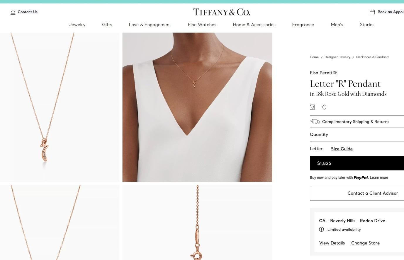 TIFFANY & Co. Elsa Peretti 18K Rose Gold Diamond Letter R Pendant Necklace In New Condition For Sale In Los Angeles, CA