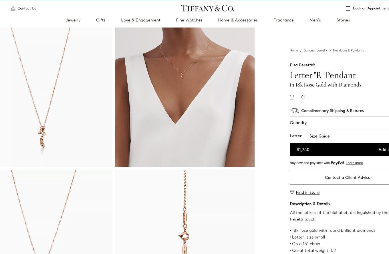 TIFFANY & Co. 18K Rose Gold Elsa Peretti Diamond Letter R Pendant Necklace For Sale 1