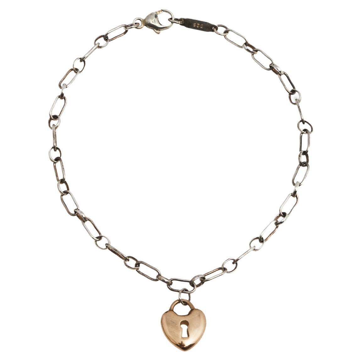 Tiffany & Co. 18k Rose Gold Heart Lock Sterling Silver Charm Bracelet