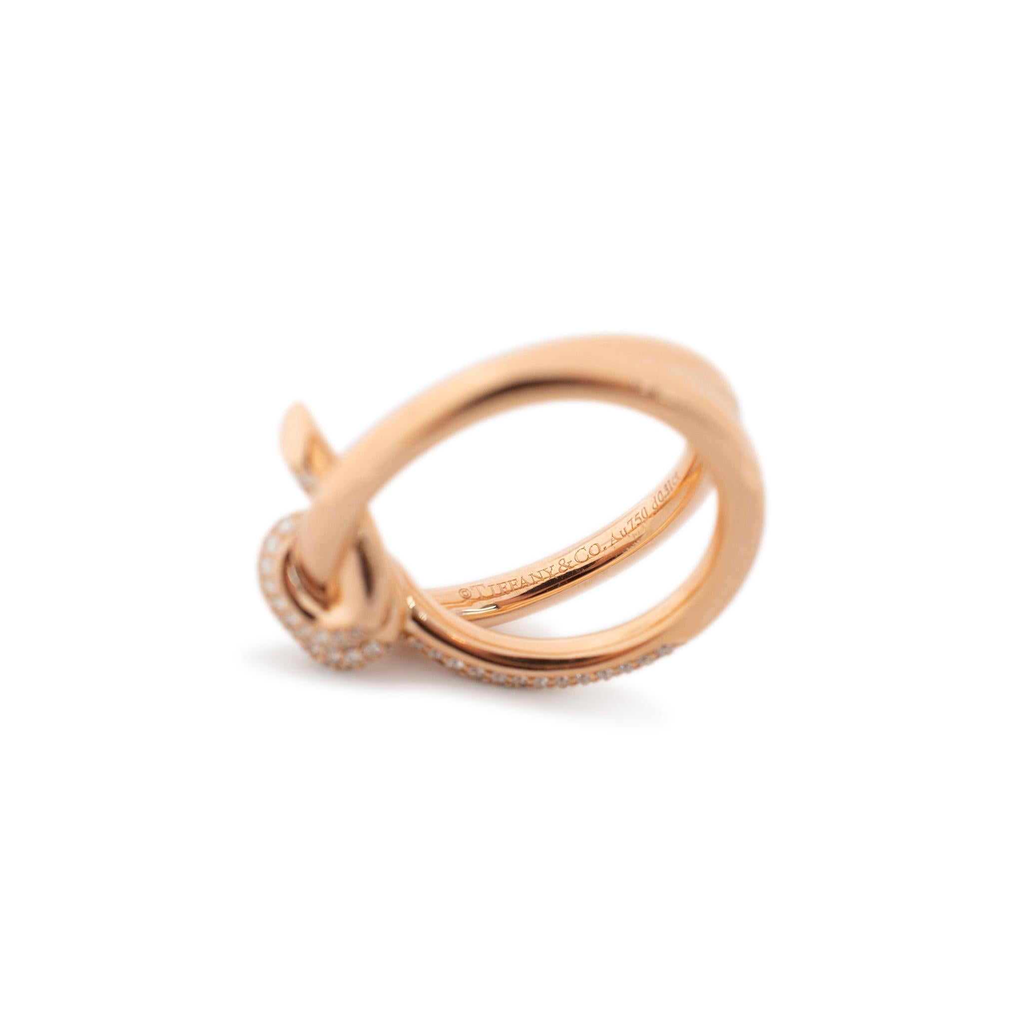 Round Cut Tiffany & Co. 18K Rose Gold Knot Double Row Diamond Cocktail Ring