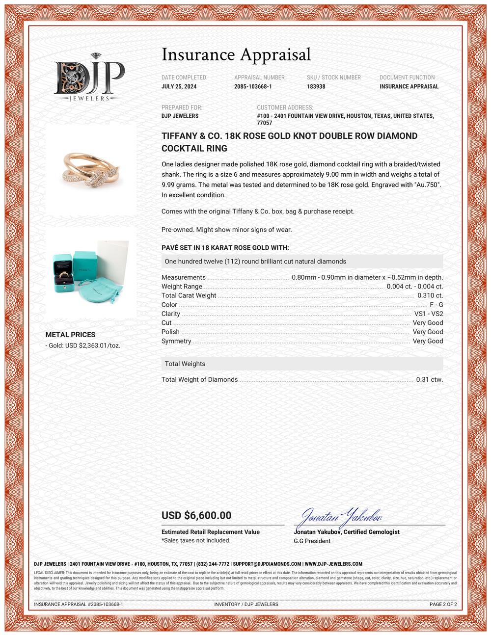 Tiffany & Co. 18K Rose Gold Knot Double Row Diamond Cocktail Ring 1