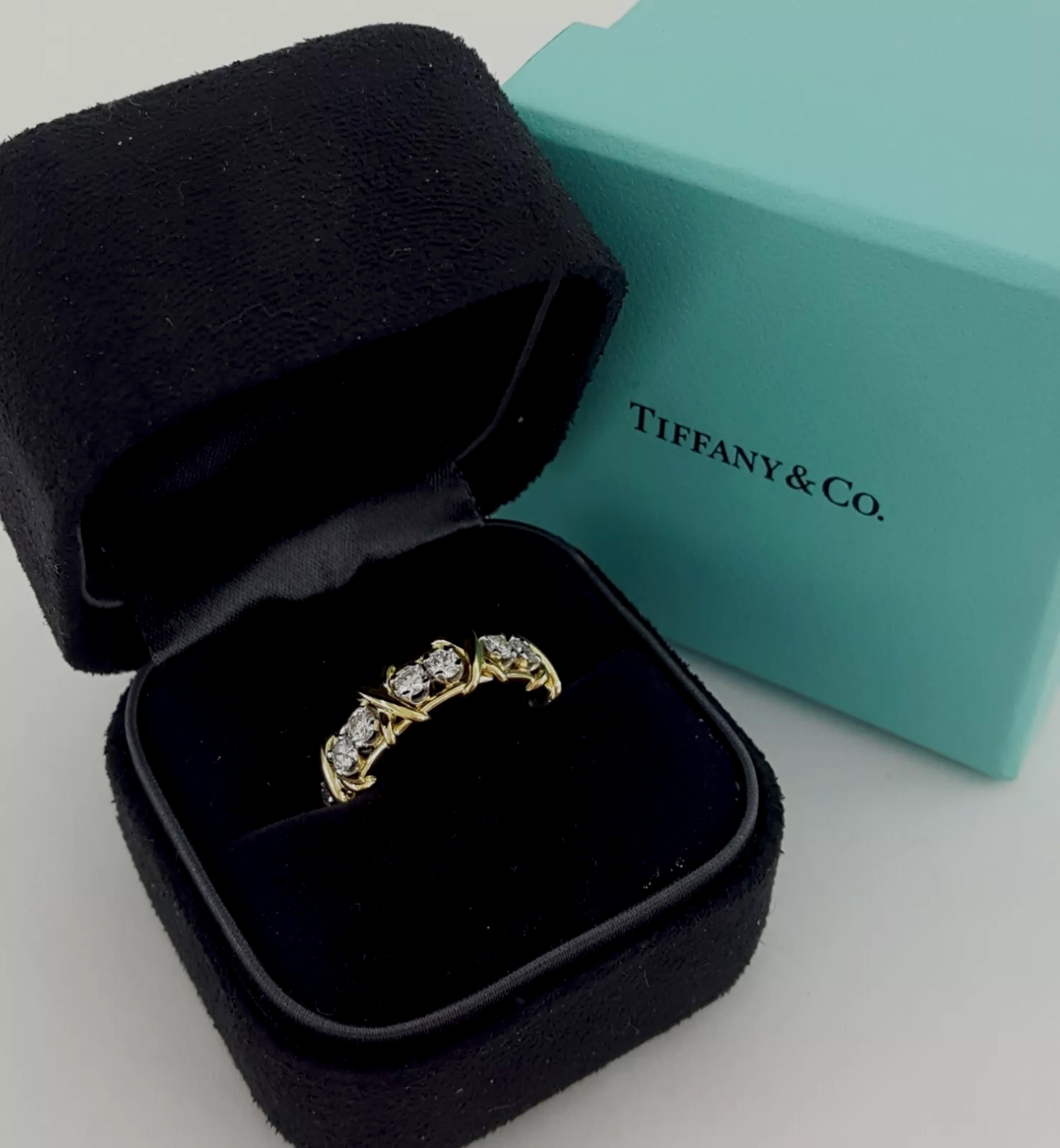 Round Cut Tiffany & Co. 18K Rose Gold & Platinum Schlumberger Sixteen Diamond X Band Ring For Sale