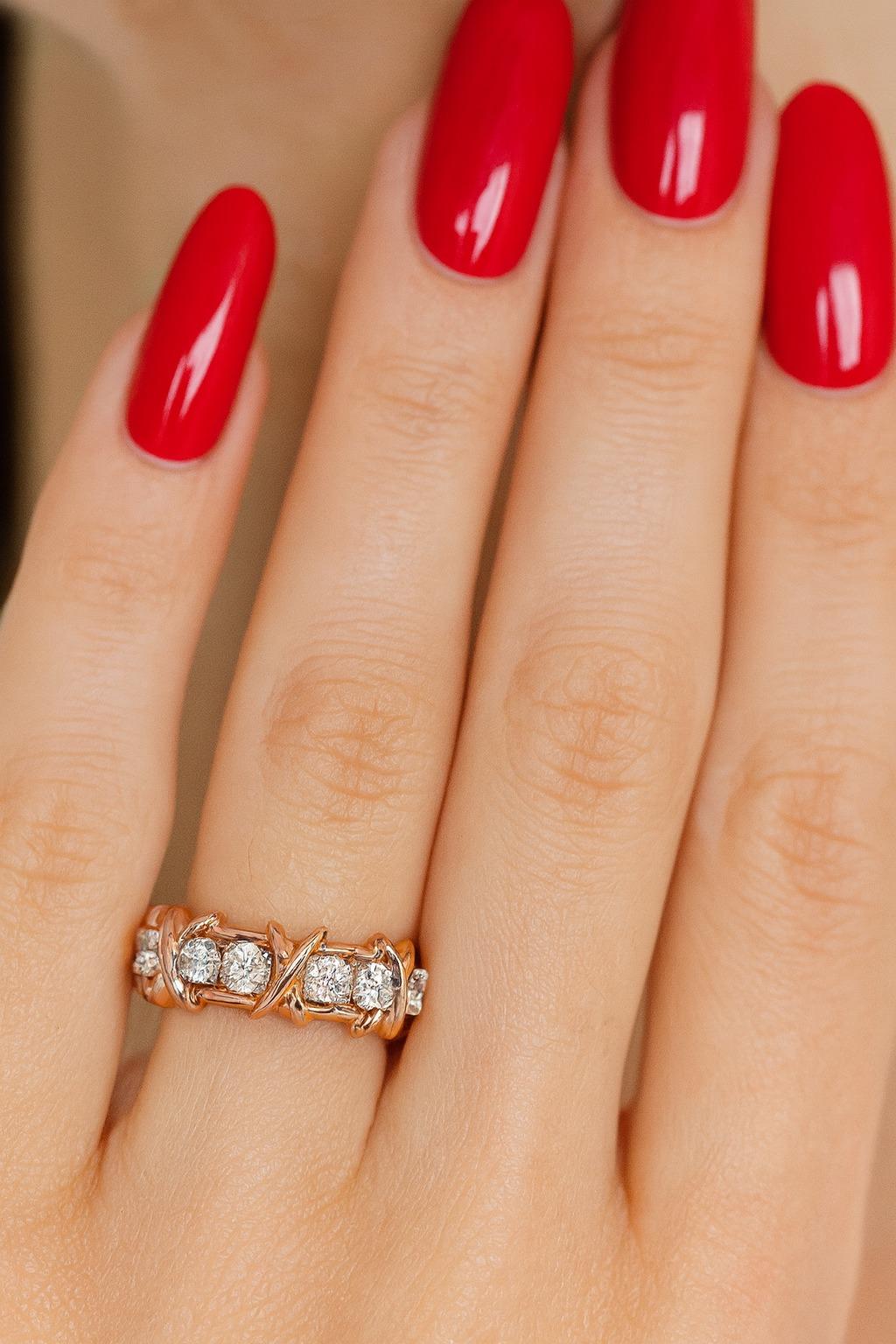 Tiffany & Co. 18K Rose Gold & Platinum Schlumberger Sixteen Diamond X Band Ring In Excellent Condition For Sale In Chicago, IL