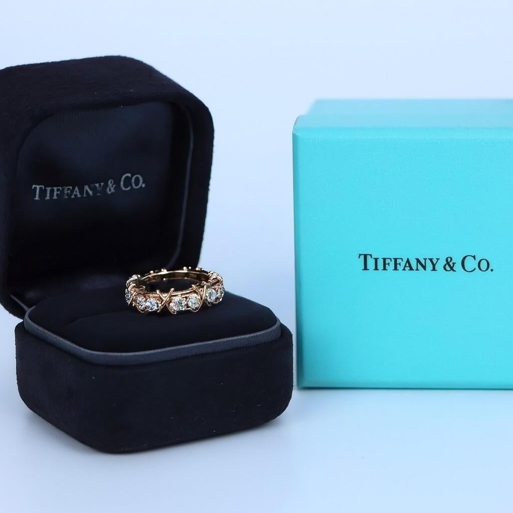 Women's or Men's Tiffany & Co. 18K Rose Gold & Platinum Schlumberger Sixteen Diamond X Band Ring For Sale