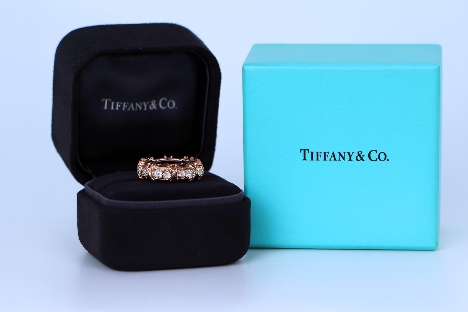 Tiffany & Co. 18K Rose Gold & Platinum Schlumberger Sixteen Diamond X Band Ring For Sale 1