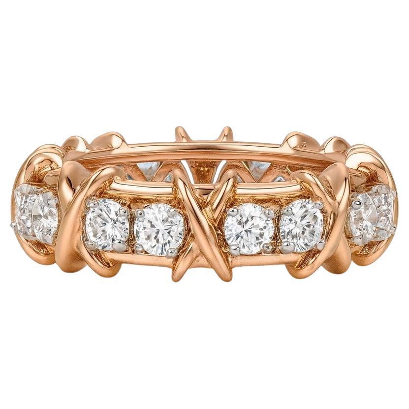 Tiffany & Co. 18K Rose Gold & Platinum Schlumberger Sixteen Diamond X Band Ring For Sale