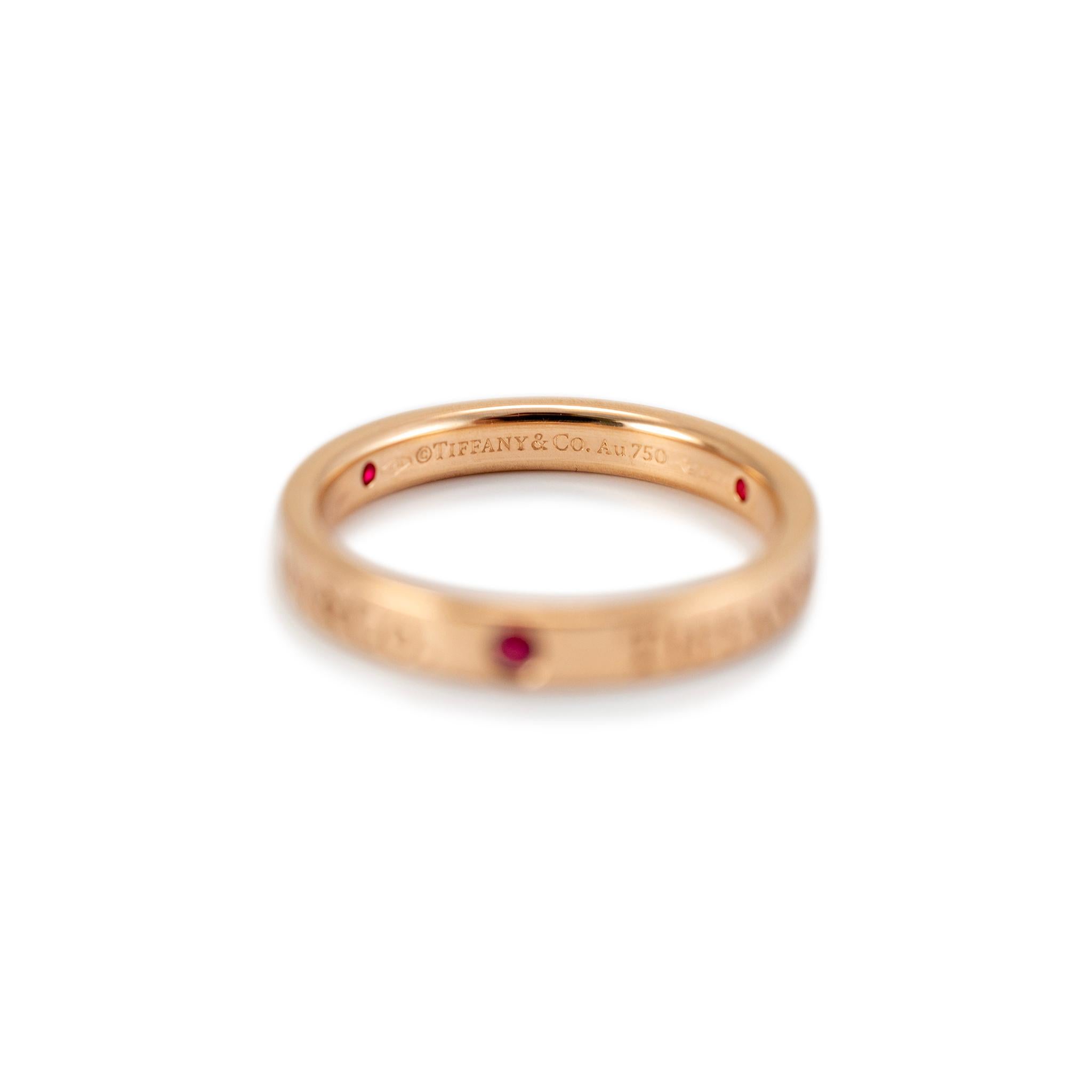 Tiffany & Co. 18 Karat Roségold Verlobungsring mit 3 Rubinen, Signatur Damen