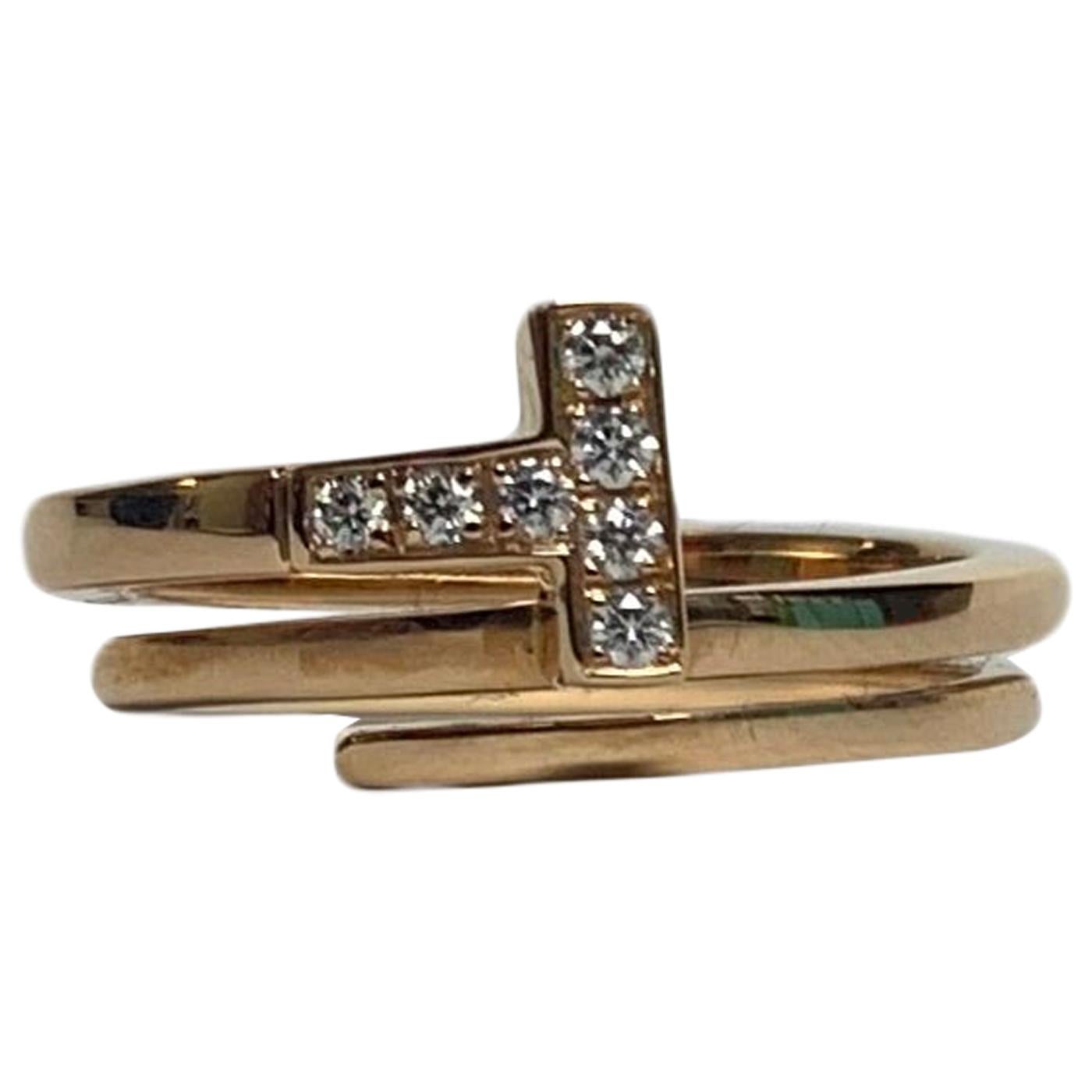 Tiffany & Co 18k Rose Gold T Square Diamond Wrap Ring sz 7.5 rt. $2, 500