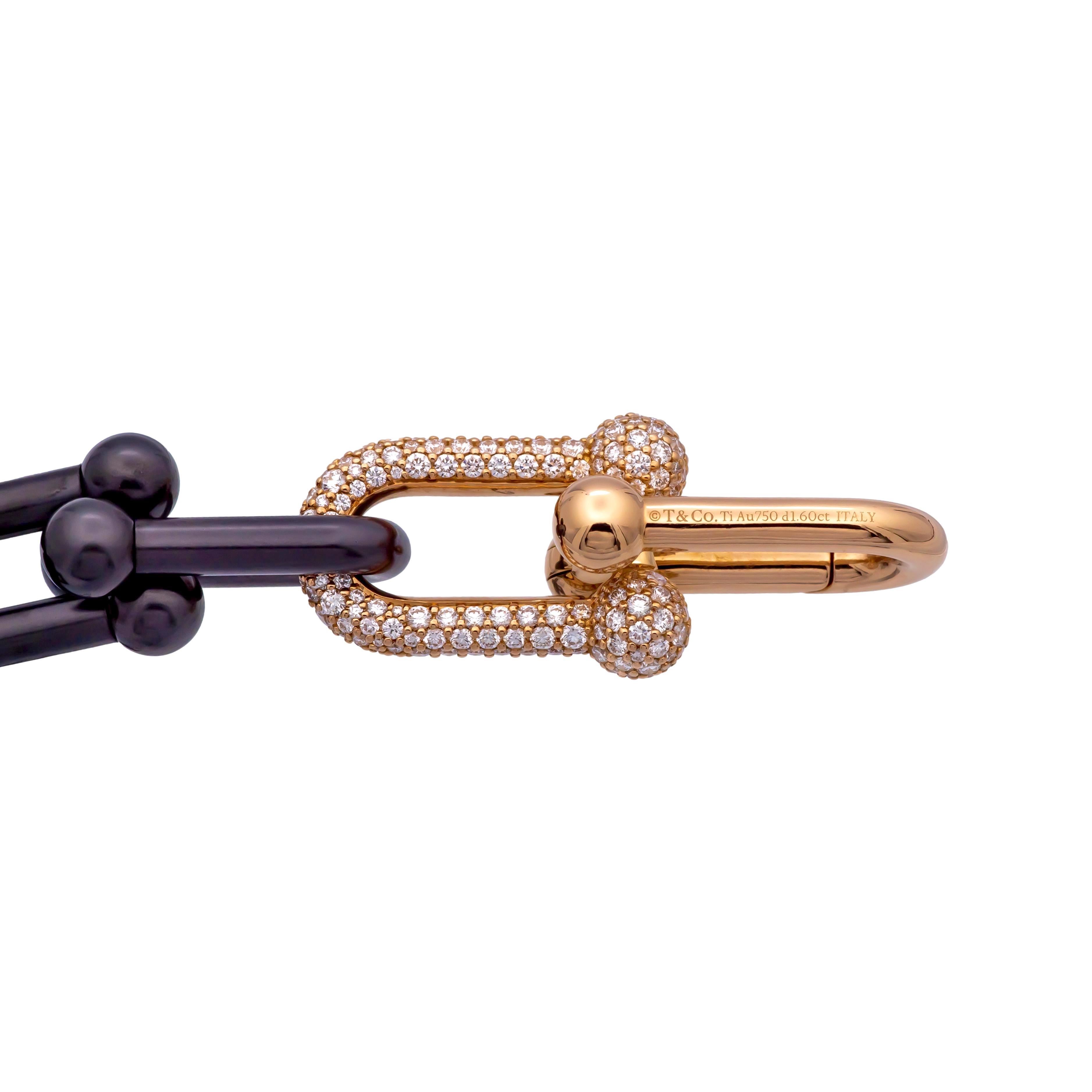 Taille ronde Tiffany & Co. Collier à maillons durs en or rose 18 carats, titane pavé de diamants 1,60 carat