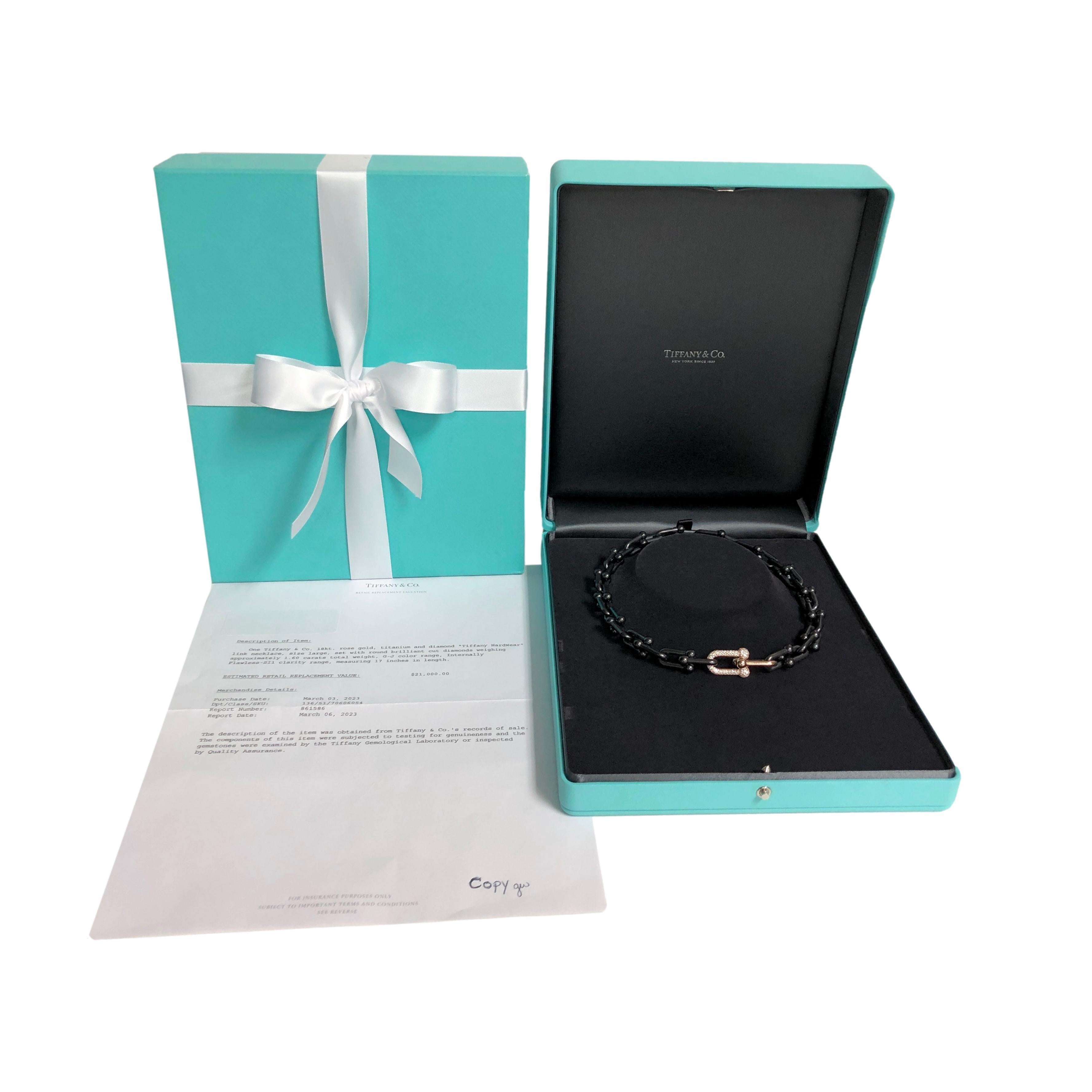 Tiffany & Co. Collier à maillons durs en or rose 18 carats, titane pavé de diamants 1,60 carat 2