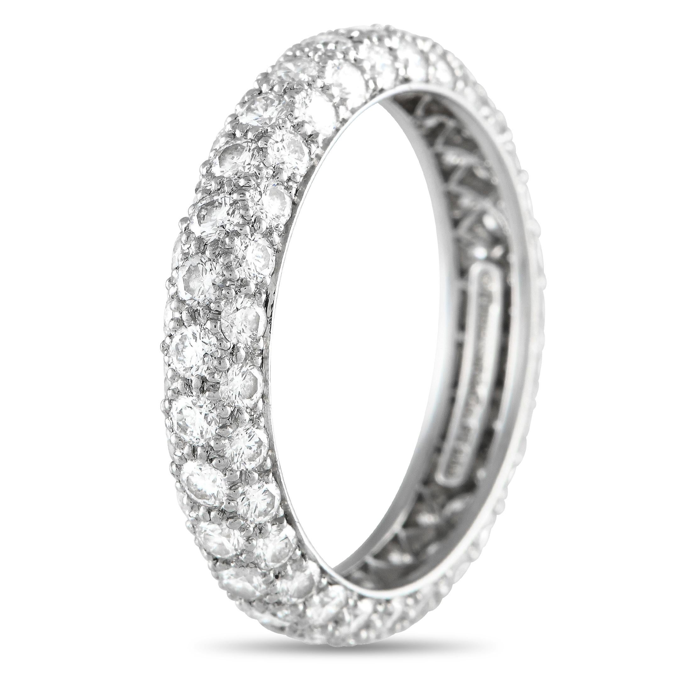 A regal and refined diamond band to mark an important milestone in your relationship. From Tiffany & Co, this eternity ring is expertly crafted in 18K white gold and meticulously set with brilliant diamonds. The band measures 3mm thick, with top