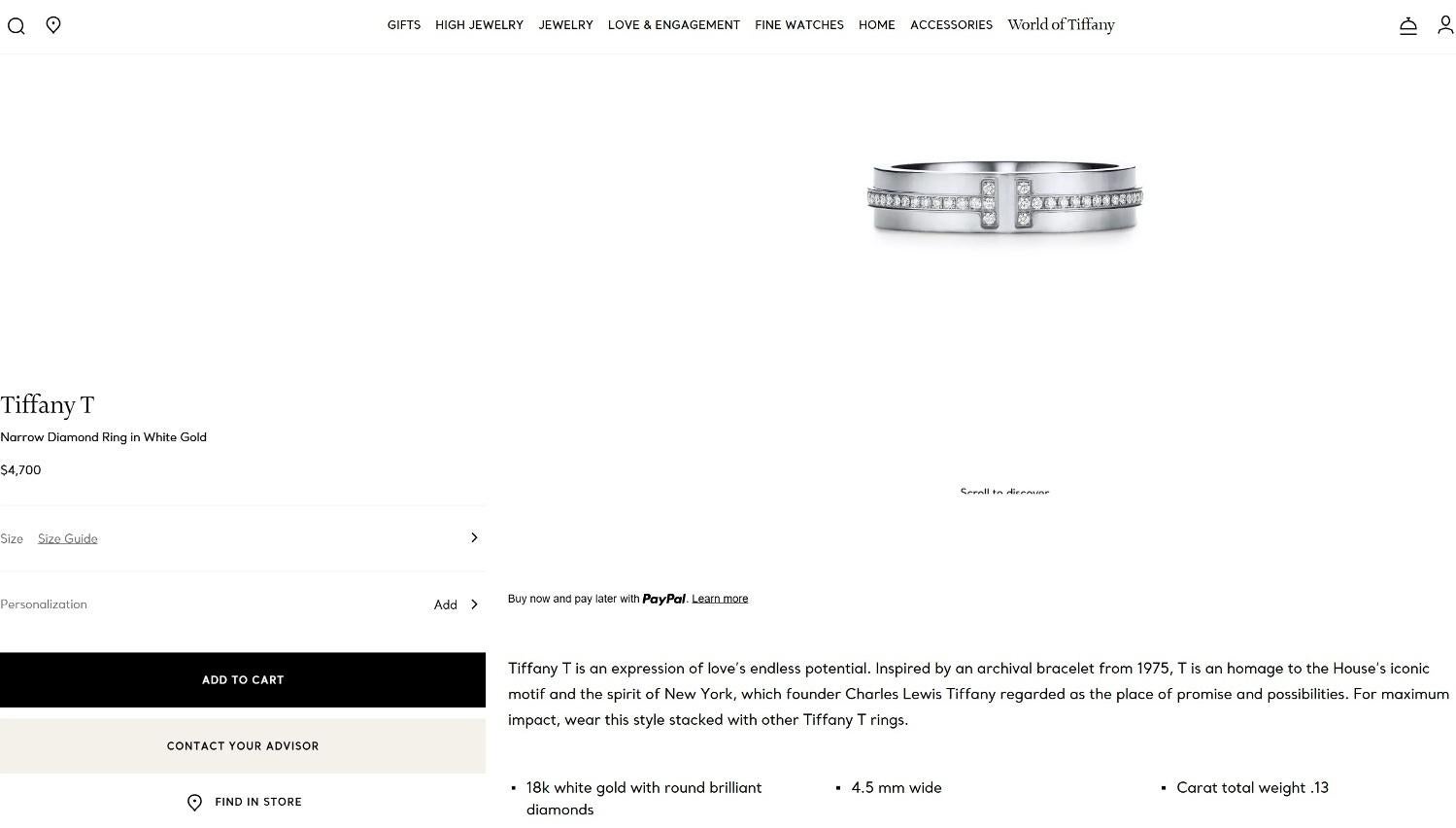 TIFFANY & Co. Anello a T con diamante largo 4,5 mm in oro bianco 18 carati 5 in vendita 4