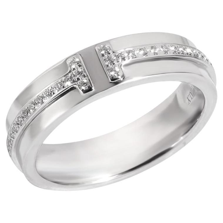 TIFFANY & Co. 18K White Gold 4.5mm Wide Diamond T Ring 5 For Sale