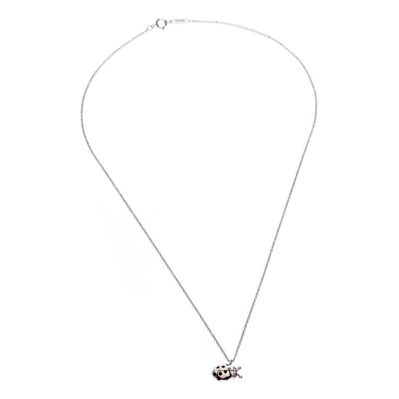 If you are looking for something not too loud yet statement-making, this Tiffany and Co. Ladybug pendant necklace is sure to win your heart. The pendant is made from 18k white gold with red enamel detailing and diamond embellishments. It is held by