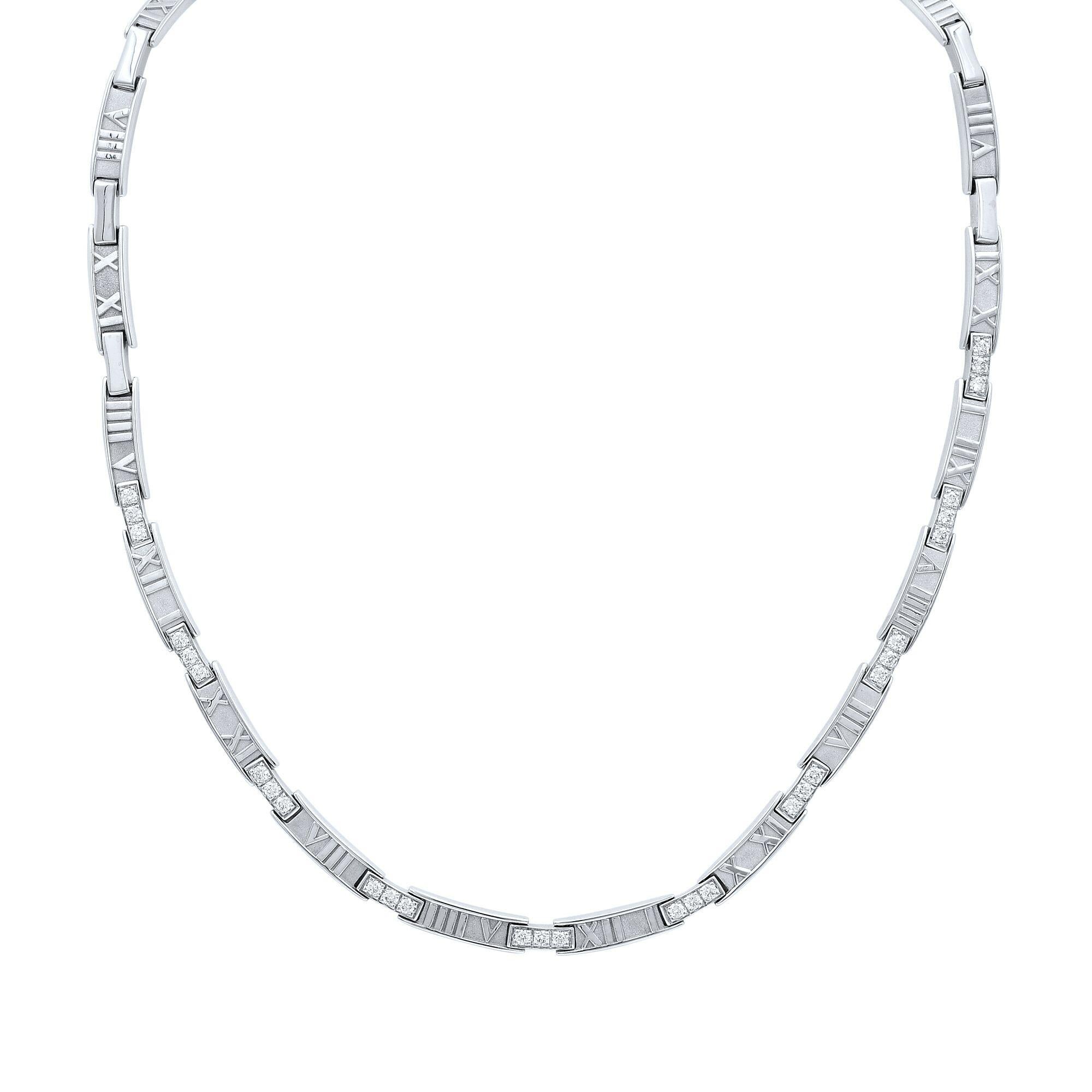 18k white gold and diamond Tiffany & Co jewelry set of necklace, bracelet and earrings from the Atlas collection. Total carat weigh of round cut diamonds 3.70cts. Necklace length: 18 inches. Bracelet length: 7.5 inch, 5mm width. Earrings are 16mm
