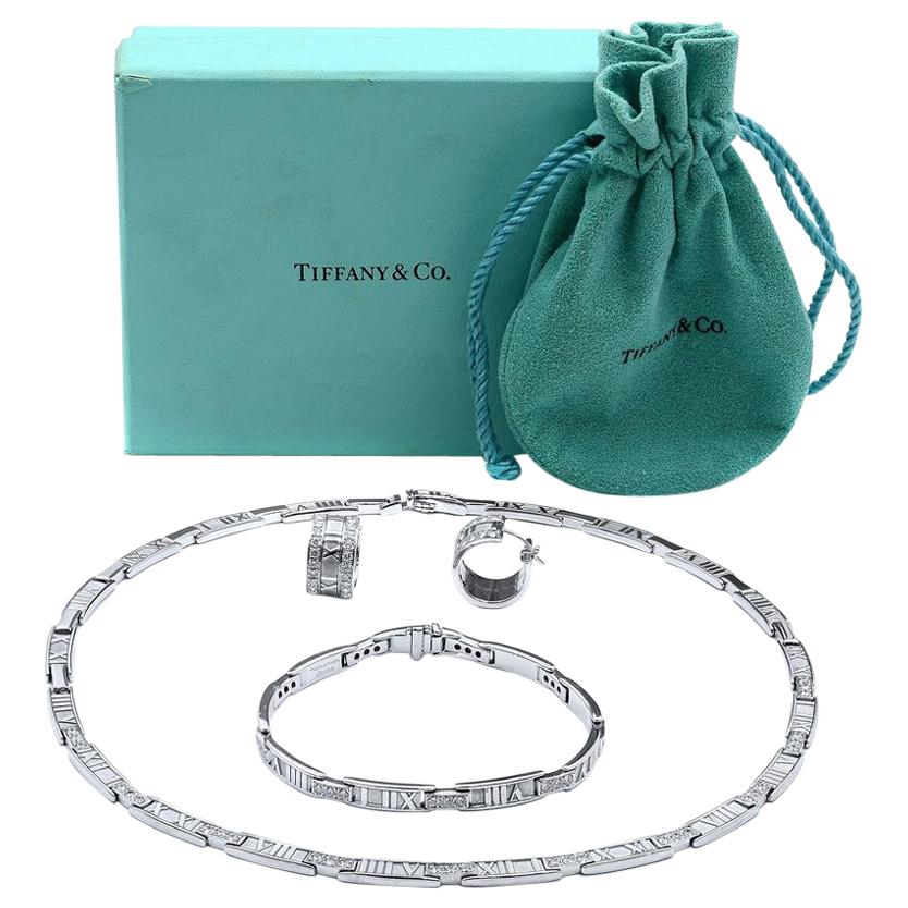 Tiffany & Co. 18k White Gold Atlas Diamond Set of Necklace Bracelet and Earrings