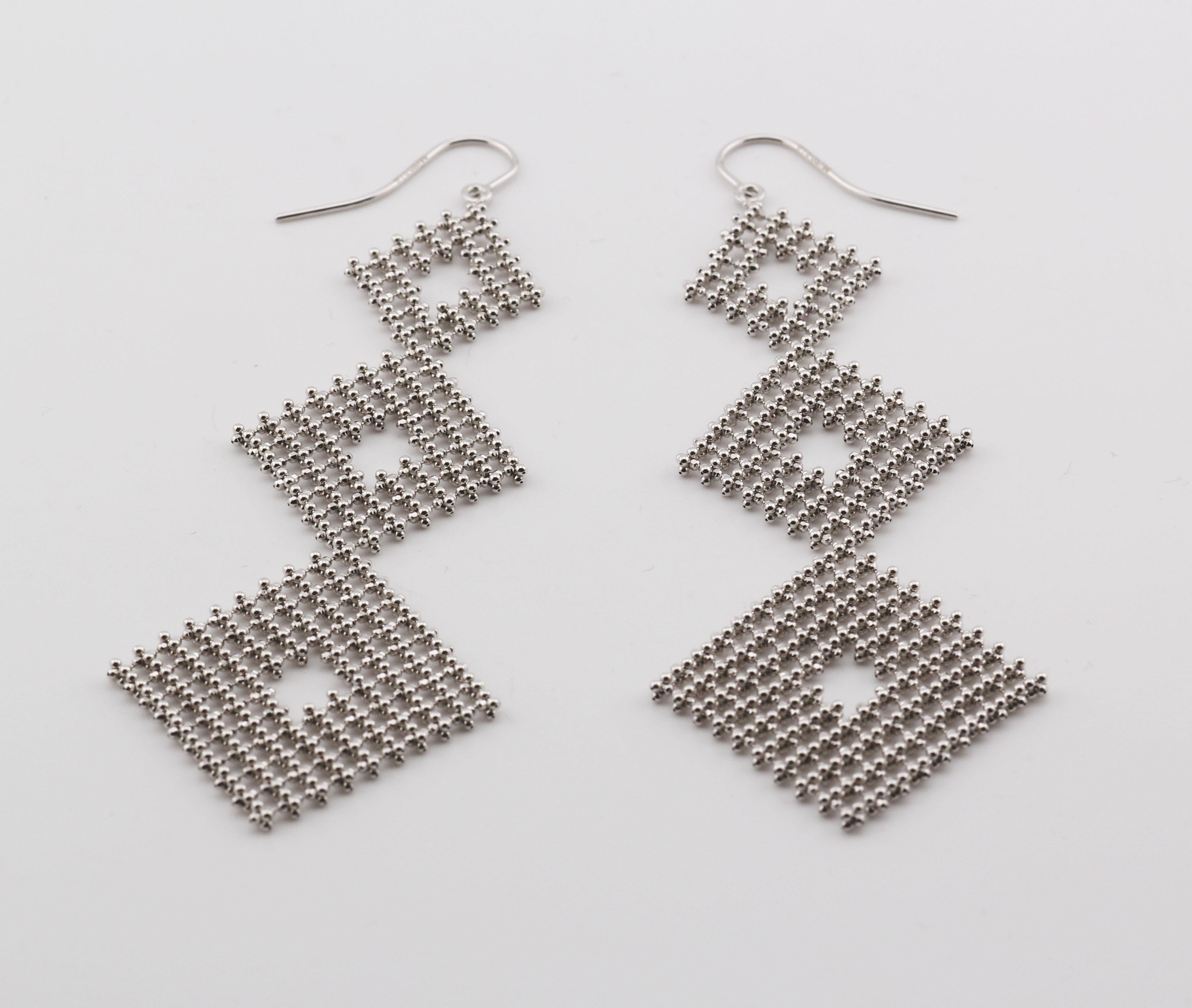 Modern Tiffany & Co. 18K White Gold Bead Mesh Long Drop Earrings