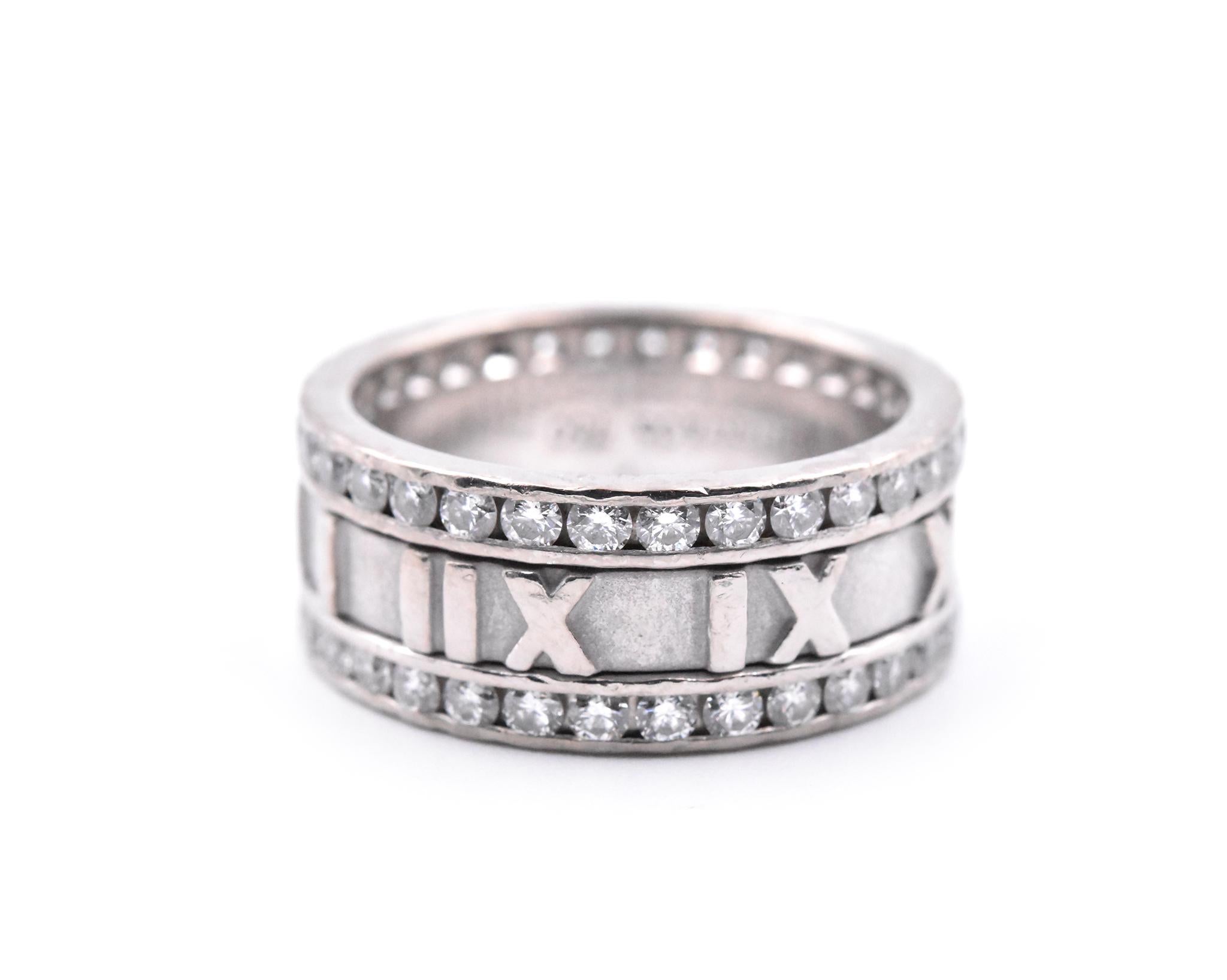 Designer: Tiffany & Co.
Material: 18k white gold
Diamonds: 64 round brilliant cuts = 1.28cttw
Color: F-G
Clarity: VS
Dimensions: ring measures 8.45mm wide
Weight: 11.28 grams
