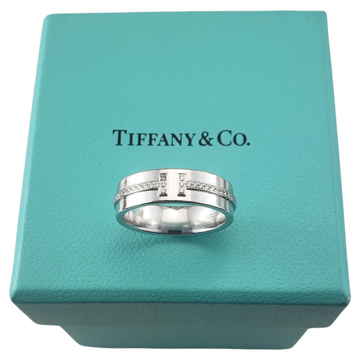 Tiffany & Co. 18K White Gold & Diamond T Ring 5.5  #17222 For Sale