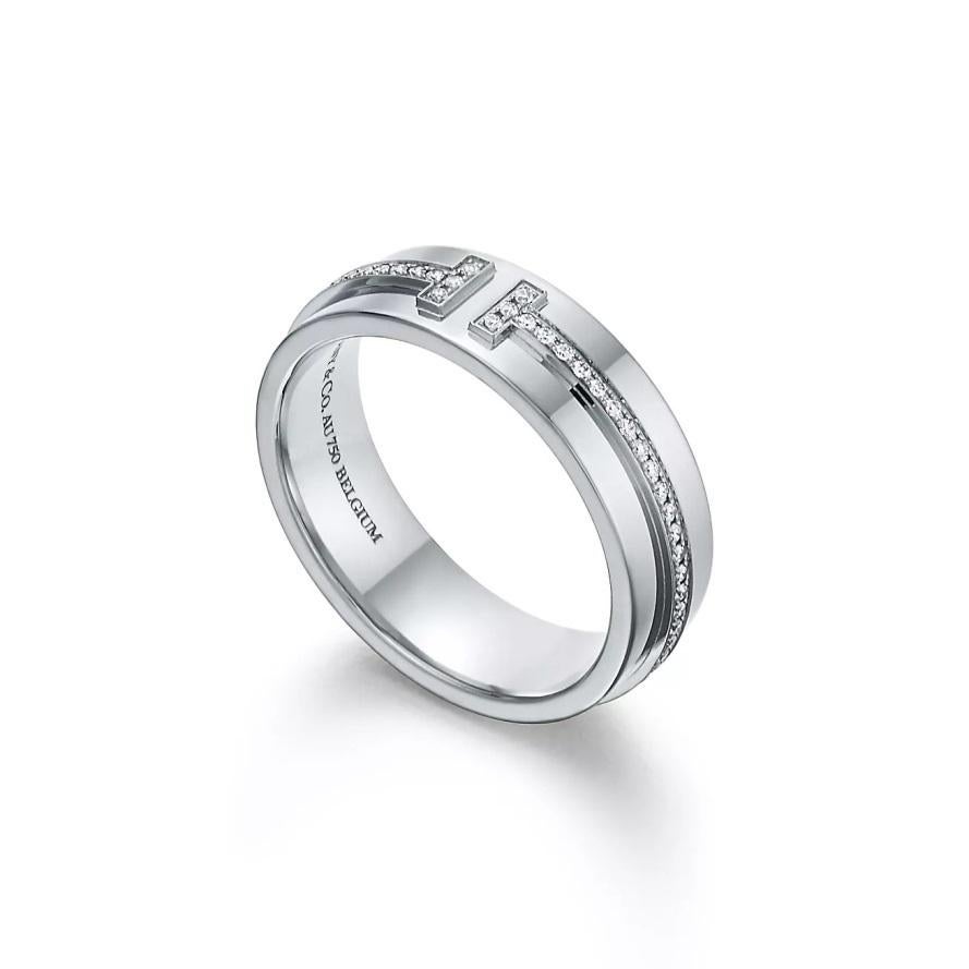 Tiffany & Co. 18k White Gold Diamond T Ring 8 For Sale 1