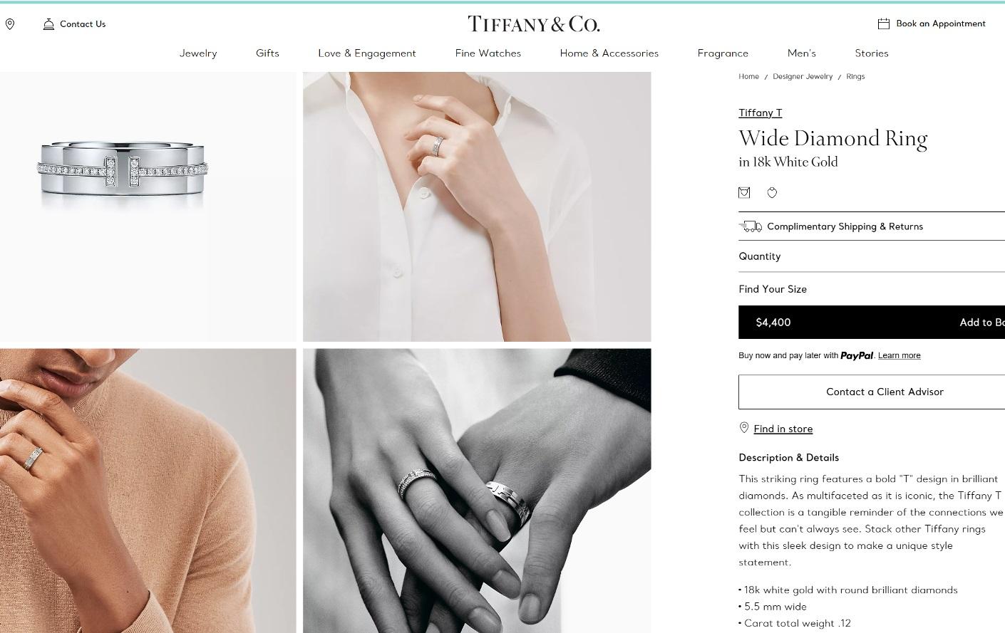 Tiffany & Co. 18k White Gold Diamond T Ring 8 For Sale 2