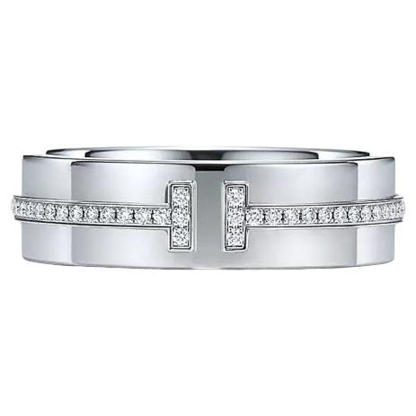 Tiffany & Co. 18k White Gold Diamond T Ring 8 For Sale