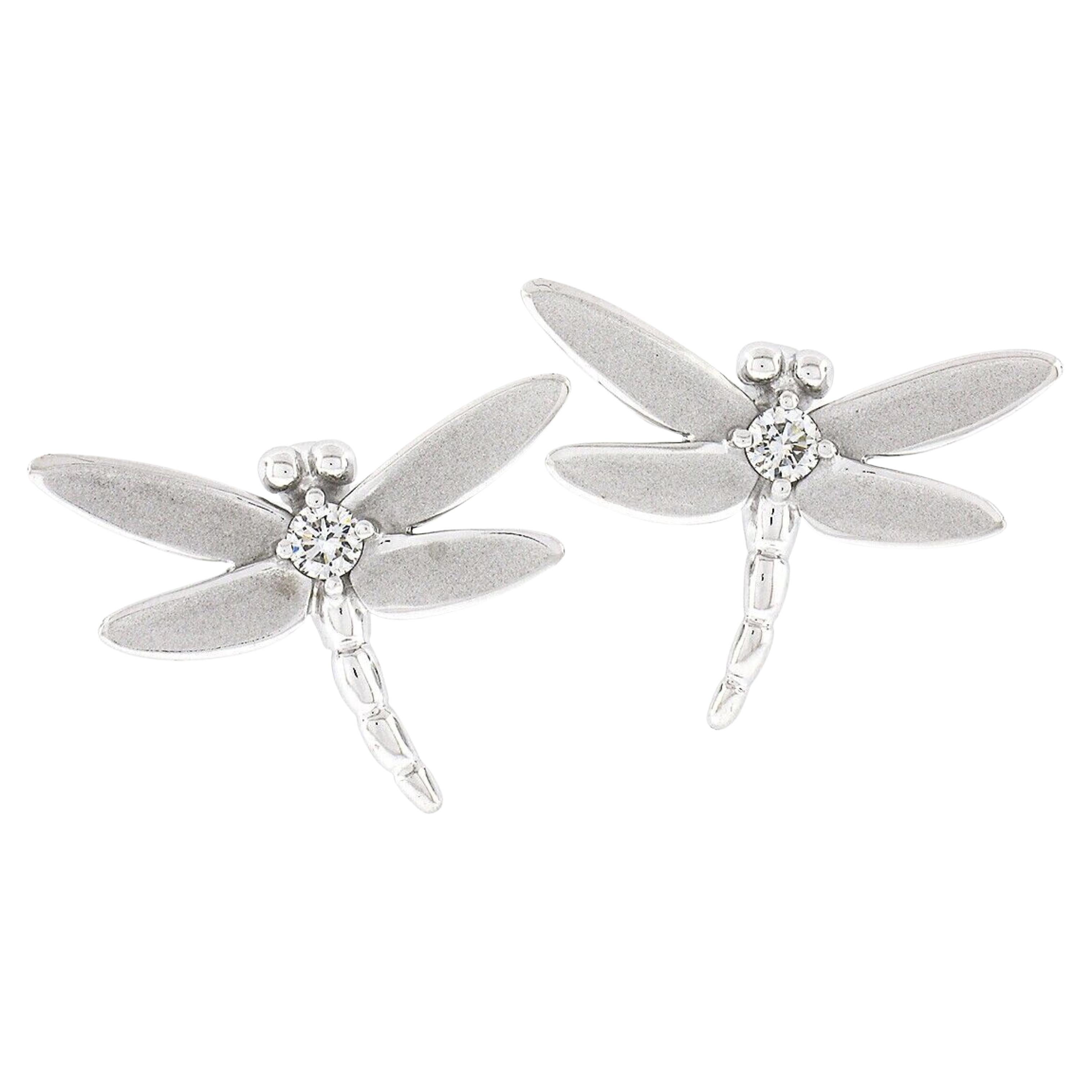 Tiffany & Co. 18k White Gold Dual Finish Dragon Fly & Diamond Post Stud Earrings