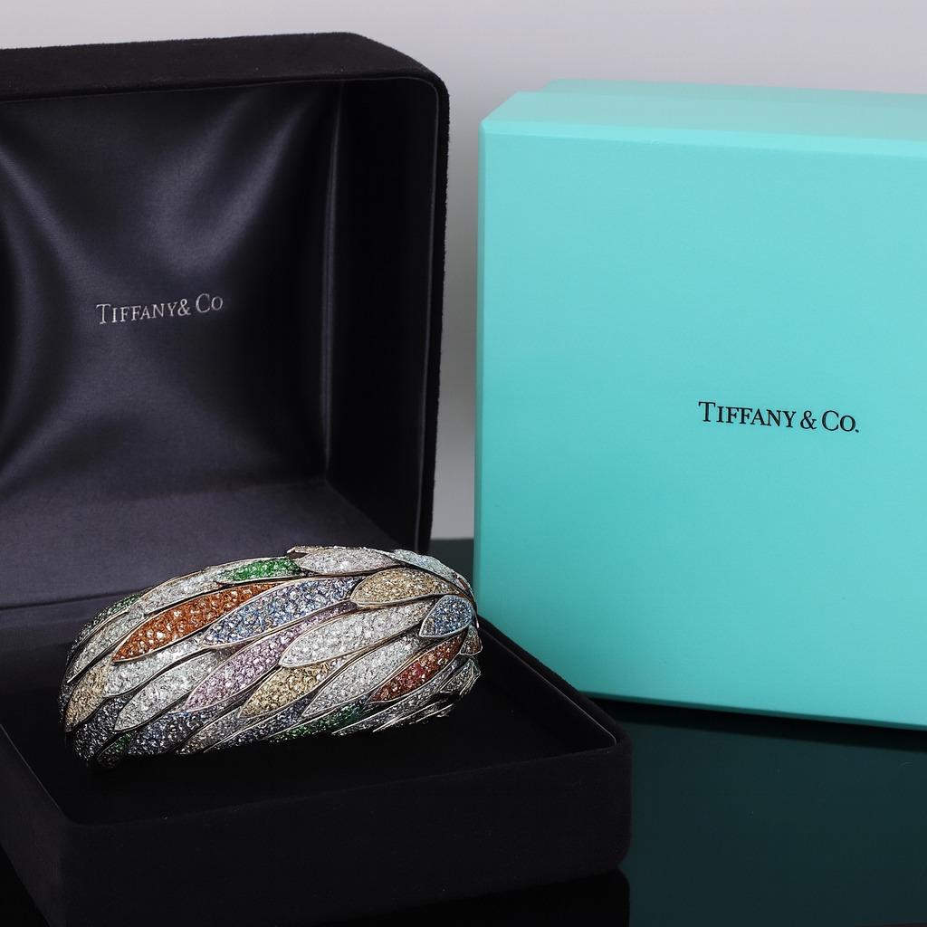 Tiffany & Co. 18k Weißgold Gefiederter Mantel Diamant, Granat und Saphir Armband (Moderne) im Angebot