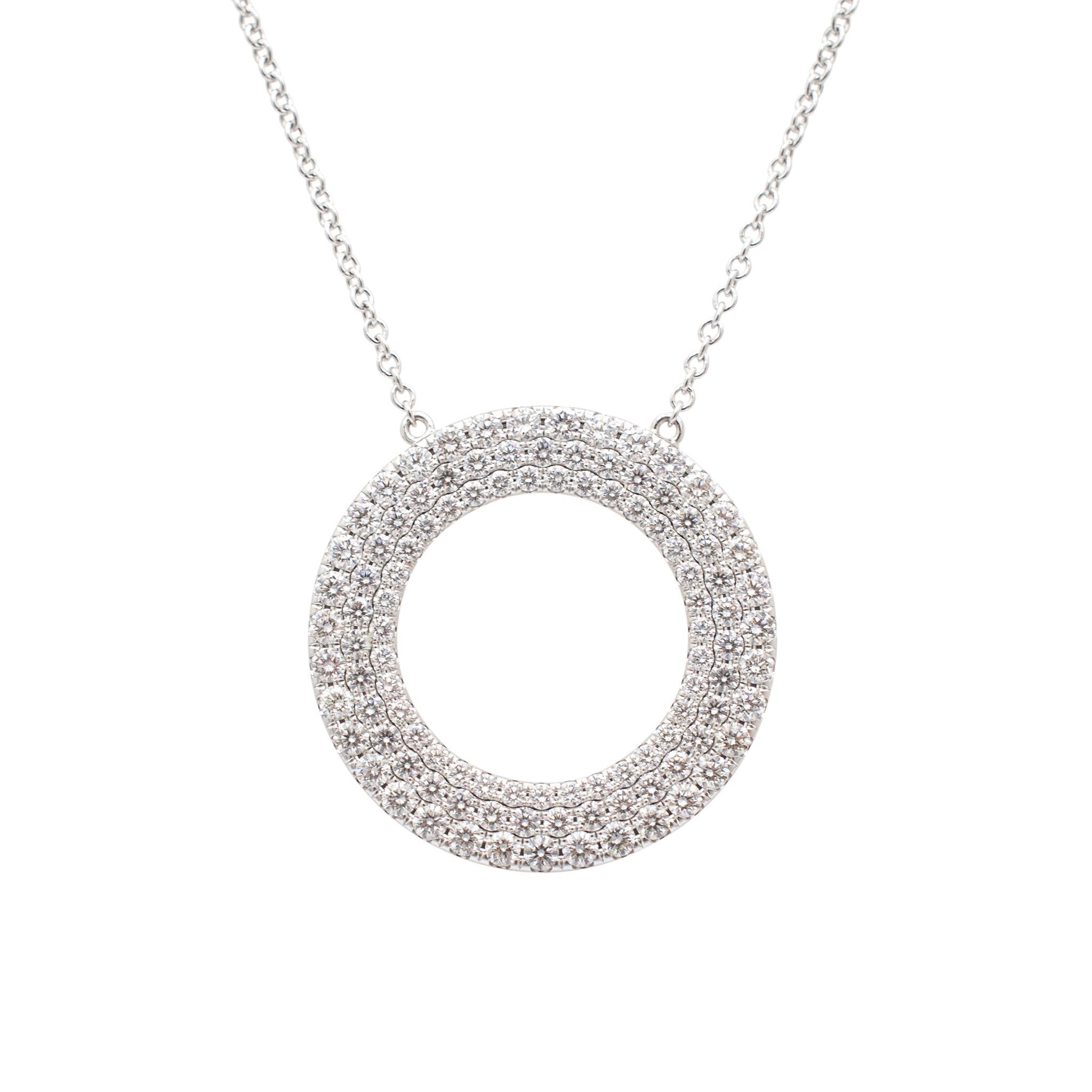 Brand: Tiffany & Co.

Gender: Ladies

Metal Type: 18K White Gold

Length: 18.00 inches

Diameter: 20.00 mm

Chain width: 1.00mm

Weight: 4.47 grams

Ladies 18K White Gold single strand collar diamond necklace. The metal was tested and determined to
