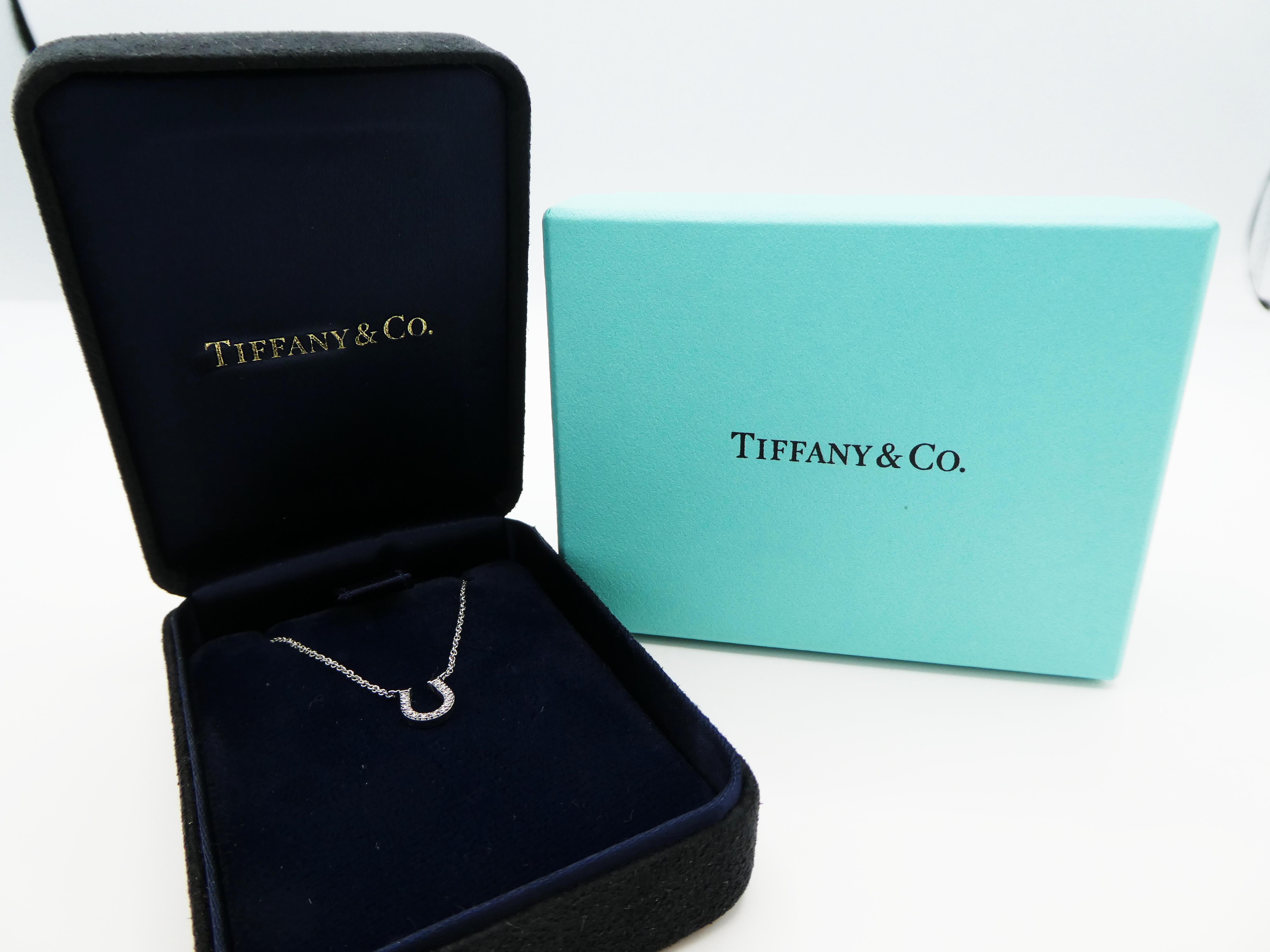 Modern Tiffany & Co. 18 Karat White Gold Pave Diamond Horse Shoe Pendant Necklace