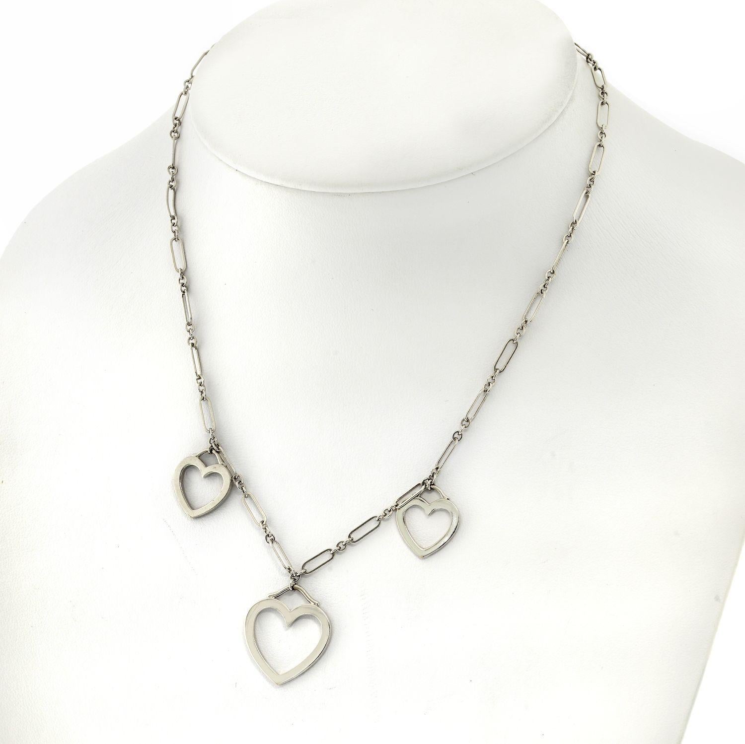 Modern Tiffany & Co. 18K White Gold Three Heart Pendant Necklace
