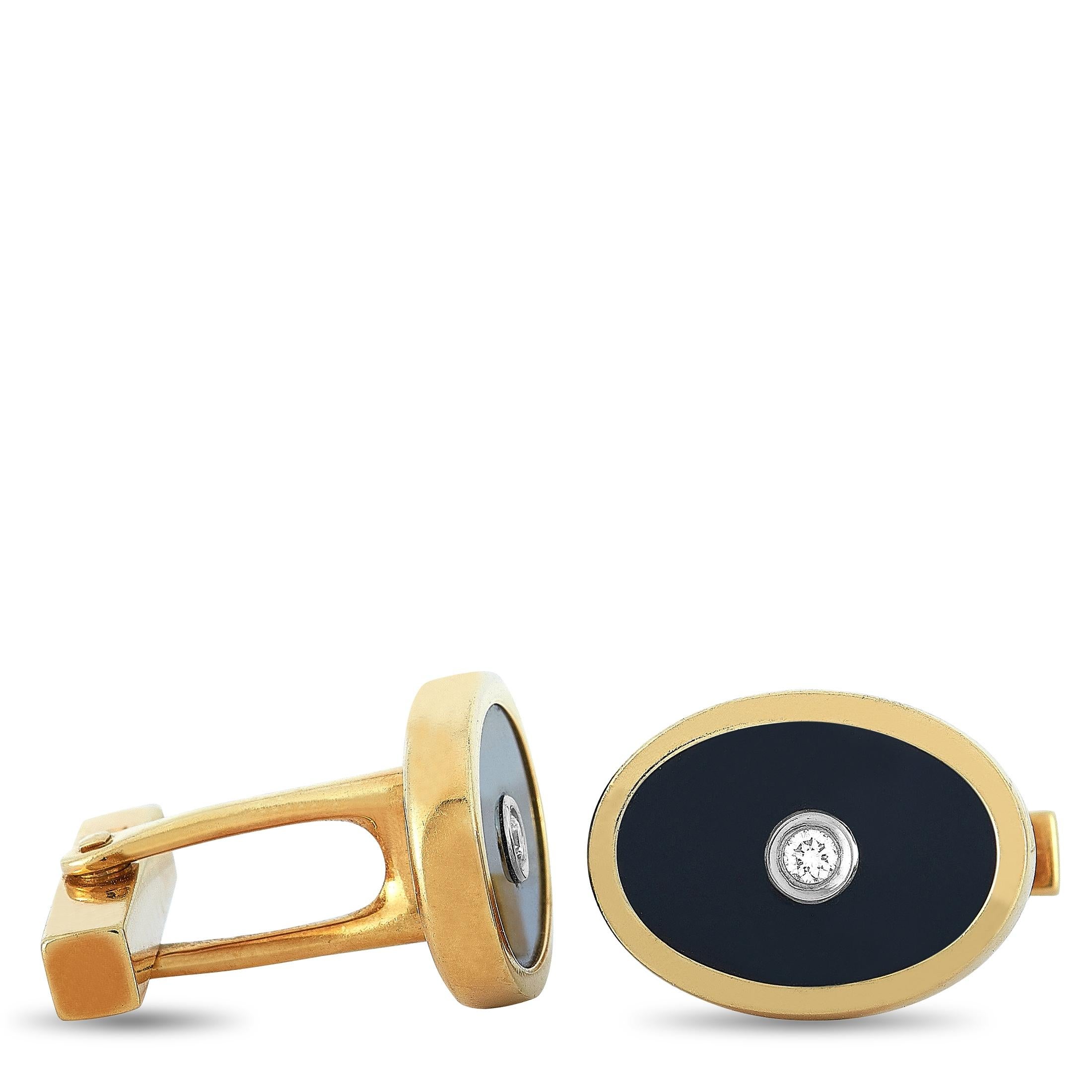 These Tiffany & Co. cufflinks are made of 18K yellow gold and set with onyxes and two diamond stones that total 0.10 carats. The cufflinks measure 0.75” in length and 0.55” in width, and each of the two weighs 7.1 grams.
 
 The pair is offered in