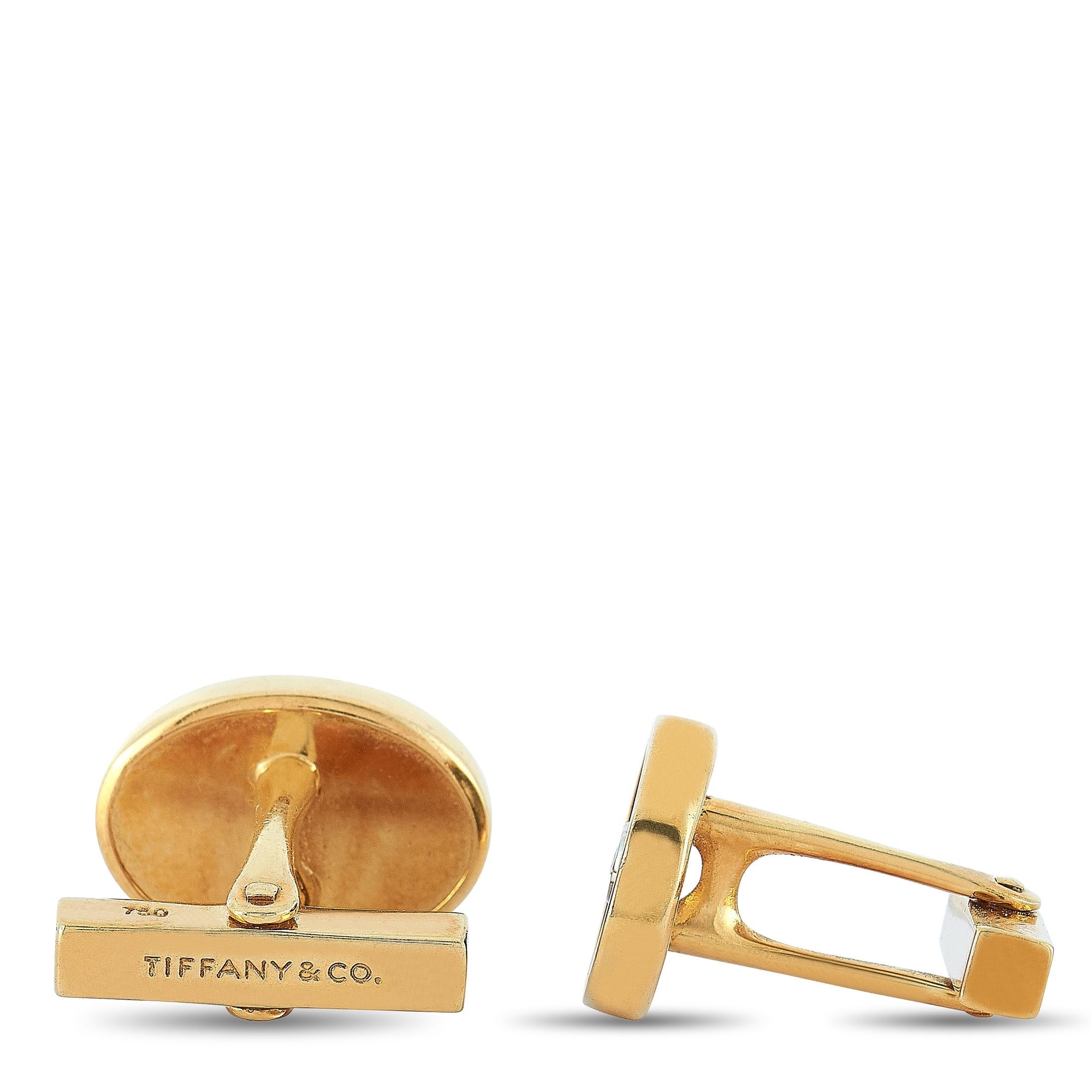 Round Cut Tiffany & Co. 18 Karat Yellow Gold 0.10 Carat Diamond and Onyx Oval Cufflinks