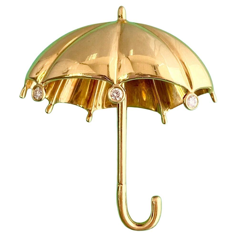 Tiffany & Co 18K Yellow Gold 0.12 ct Round Cut Diamond Umbrellas Brooch Pin For Sale