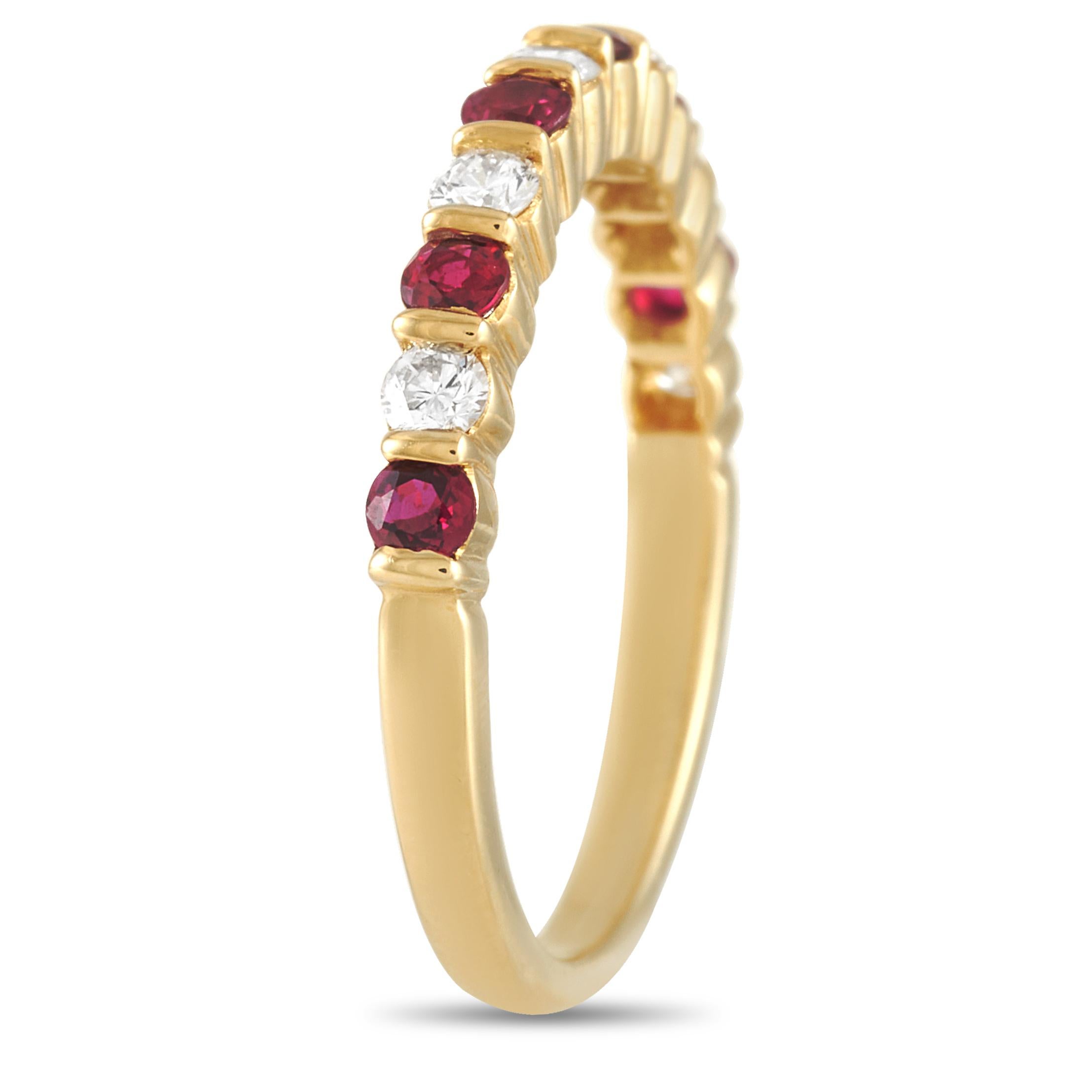 This Tiffany & Co. 18K Yellow Gold 0.20 ct Diamond and 0.20 ct Ruby Ring is designed with a bar channel of alternating rubies and diamonds. The band is just 2mm thin and has 2mm by 20mm top dimension. A ring as simple yet striking as this is one
