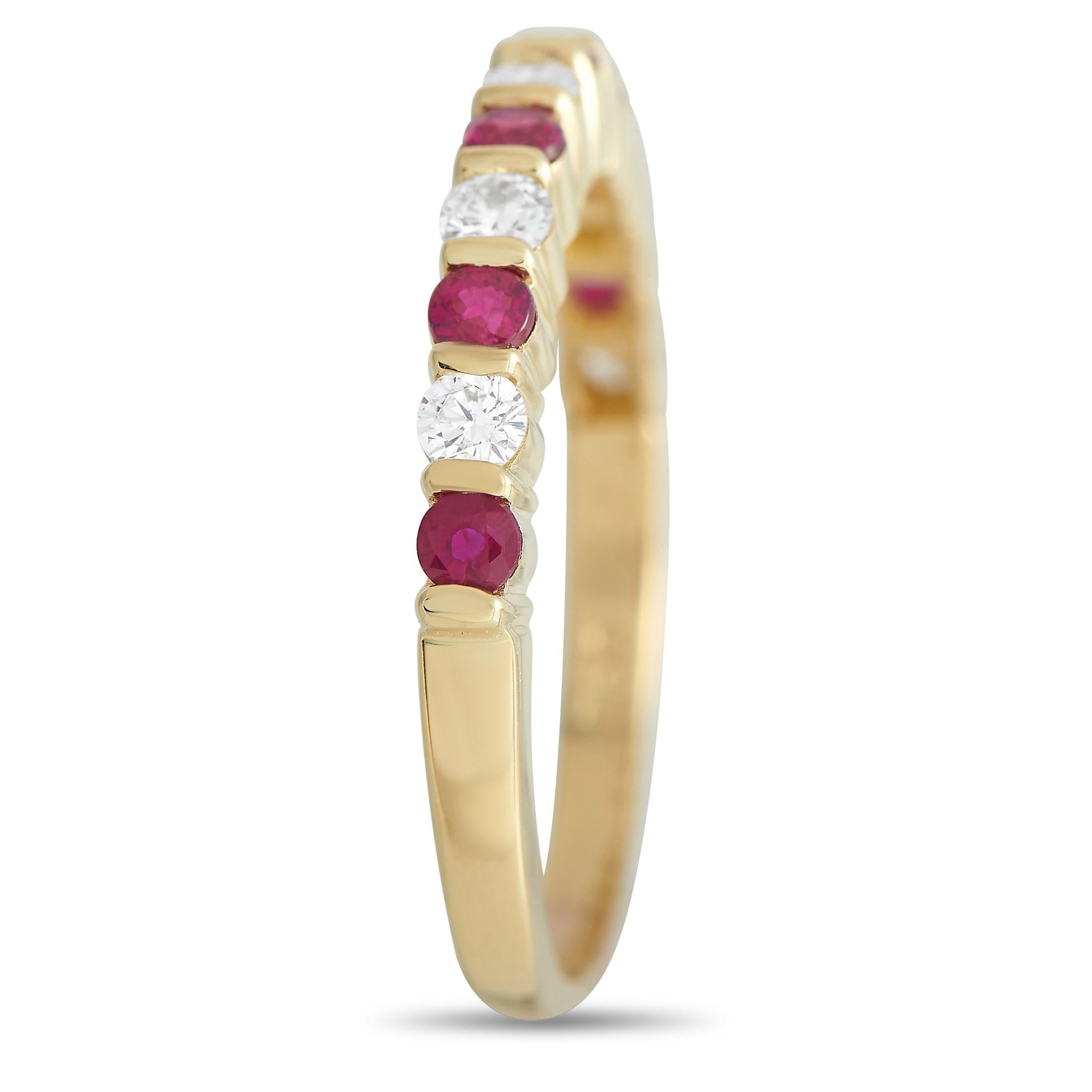 A simple 18K Yellow Gold setting beautifully showcases a series of sparkling gemstones on this timeless ring from Tiffany & Co. Round-cut Diamonds totaling 0.20 carats alternate between round-cut Rubies – which together possess a total weight of