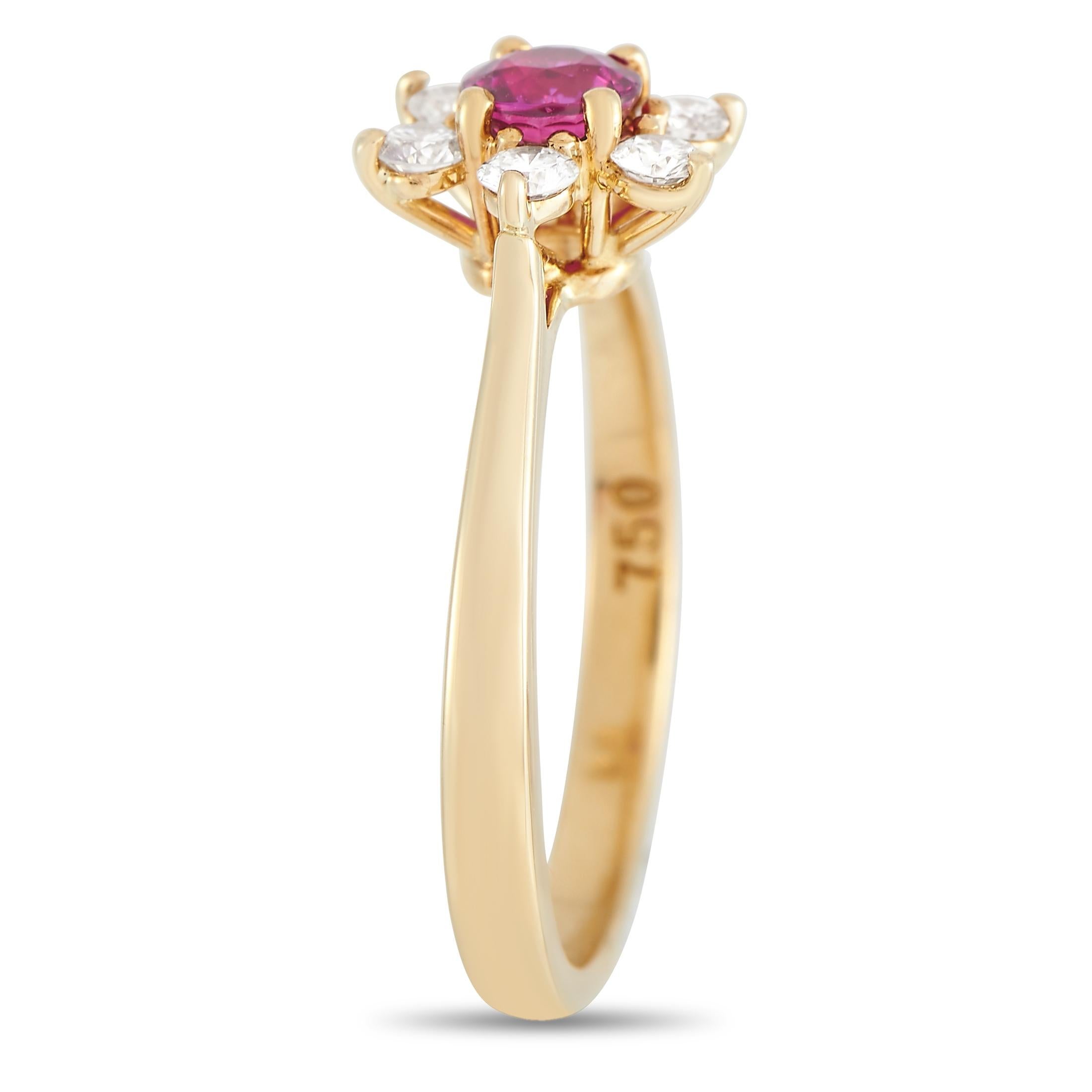 This radiant ring from Tiffany & Co. will continually capture your imagination. Perched atop an 18k Yellow Gold band measuring 2mm wide, you’ll find a 0.45 carat round-cut ruby surrounded by diamonds totaling 0.25 carats. A top height measuring 5mm