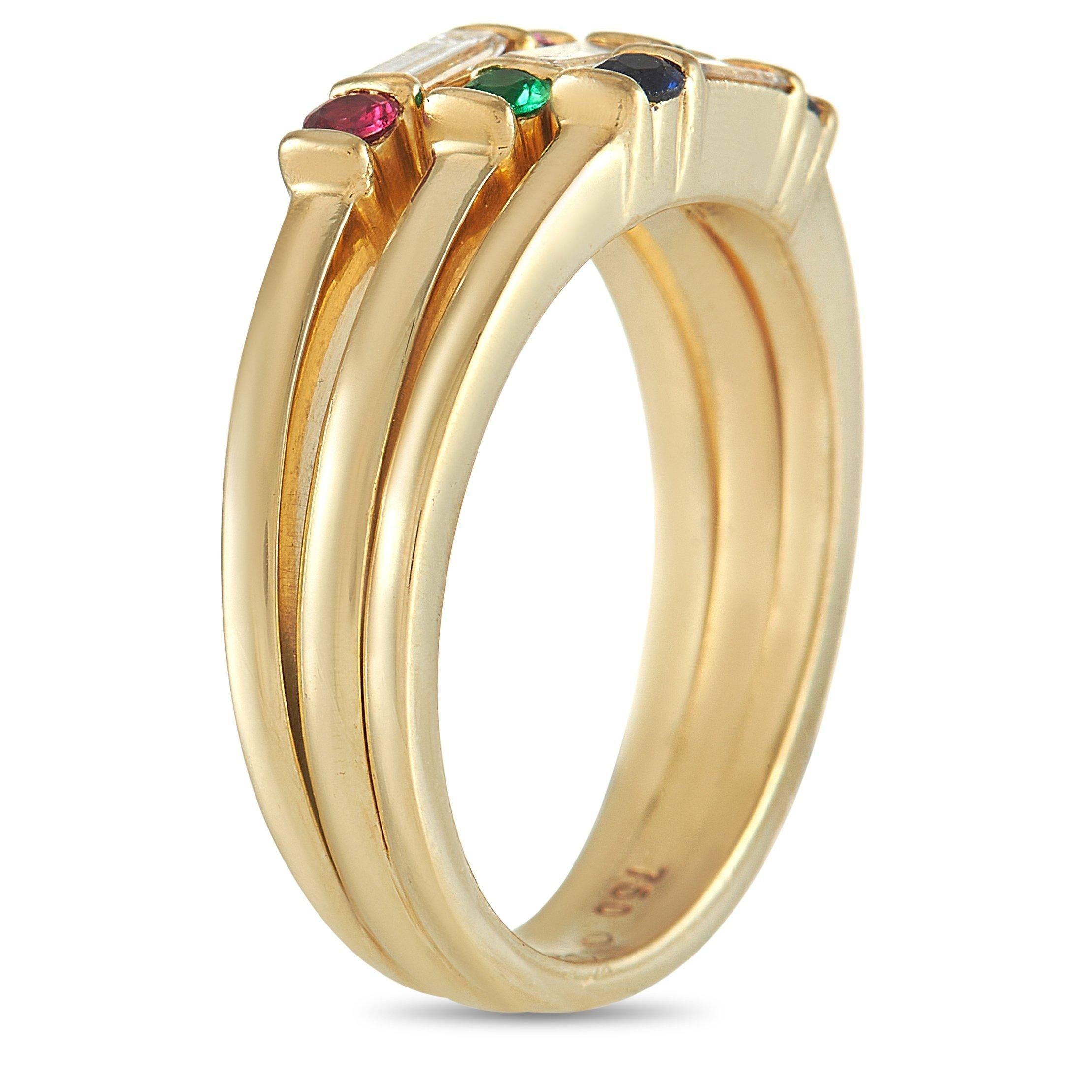 This dynamic design from Tiffany & Co. perfectly combines timeless luxury with uncommon elegance. 18K Yellow Gold provides the perfect background for this charming piece of jewelry, which features a trio of bands. In the center of each band lies a