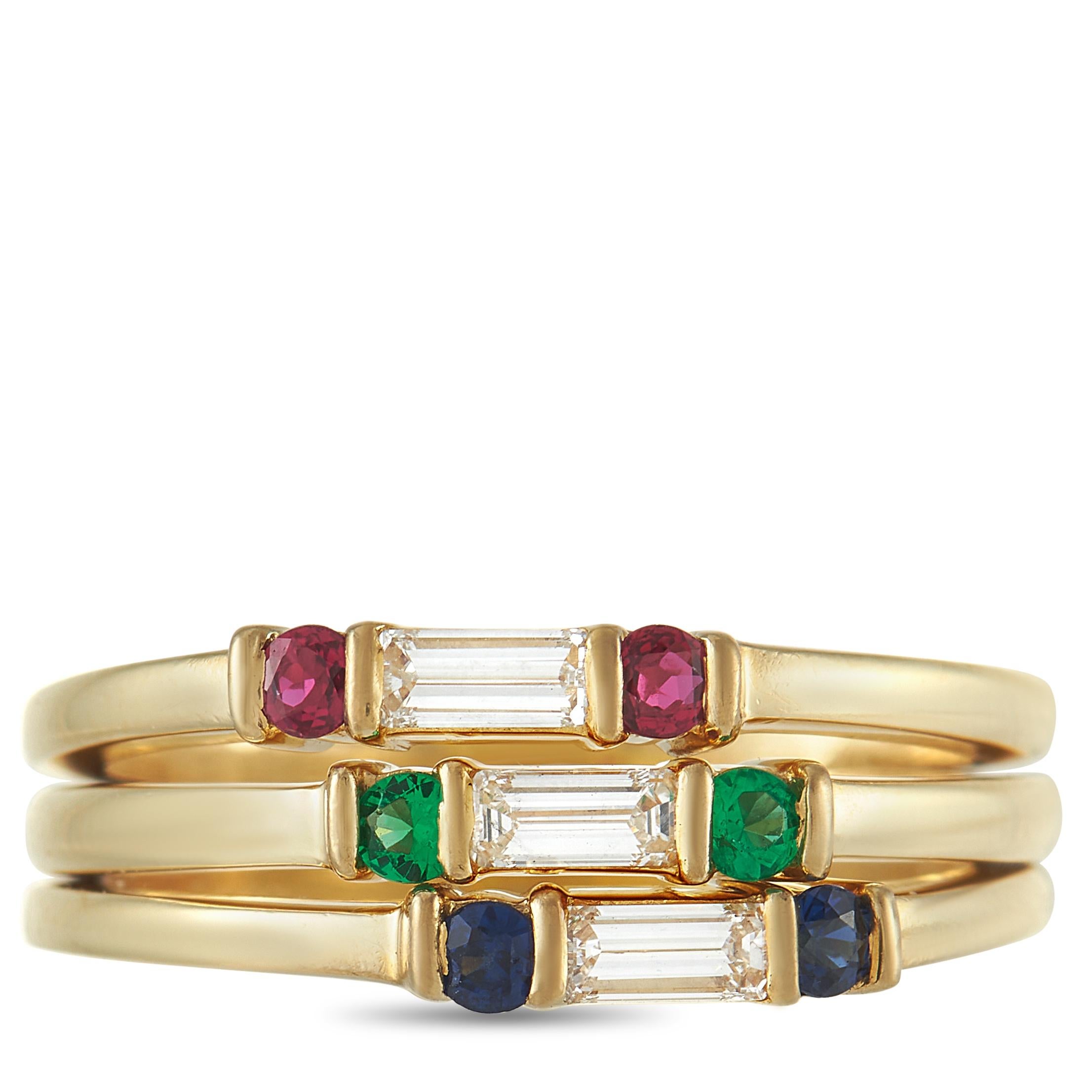 Round Cut Tiffany & Co. 18K Yellow Gold 0.35 Ct Diamond, Ruby, Sapphire, and Emerald Ring