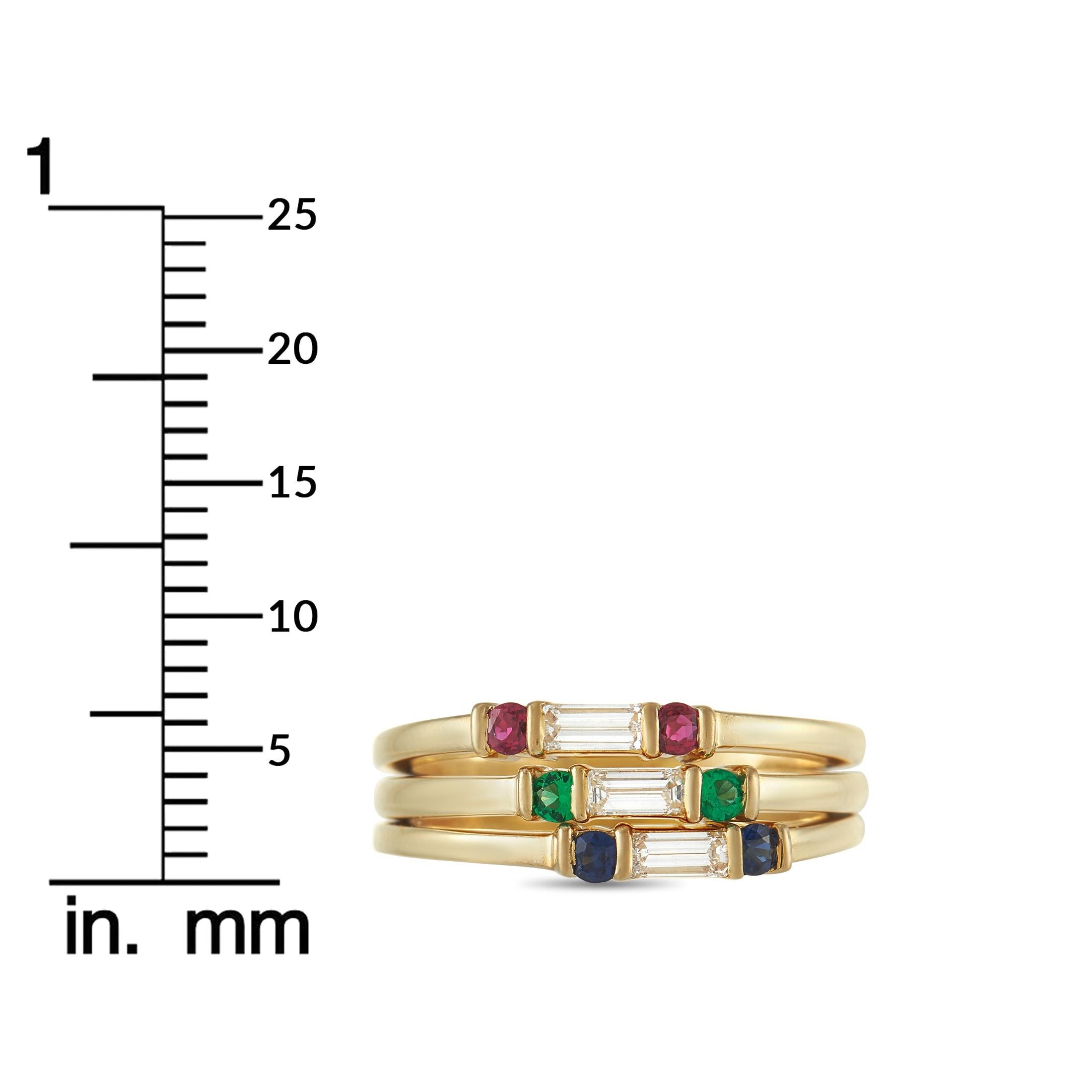 Women's Tiffany & Co. 18K Yellow Gold 0.35 Ct Diamond, Ruby, Sapphire, and Emerald Ring