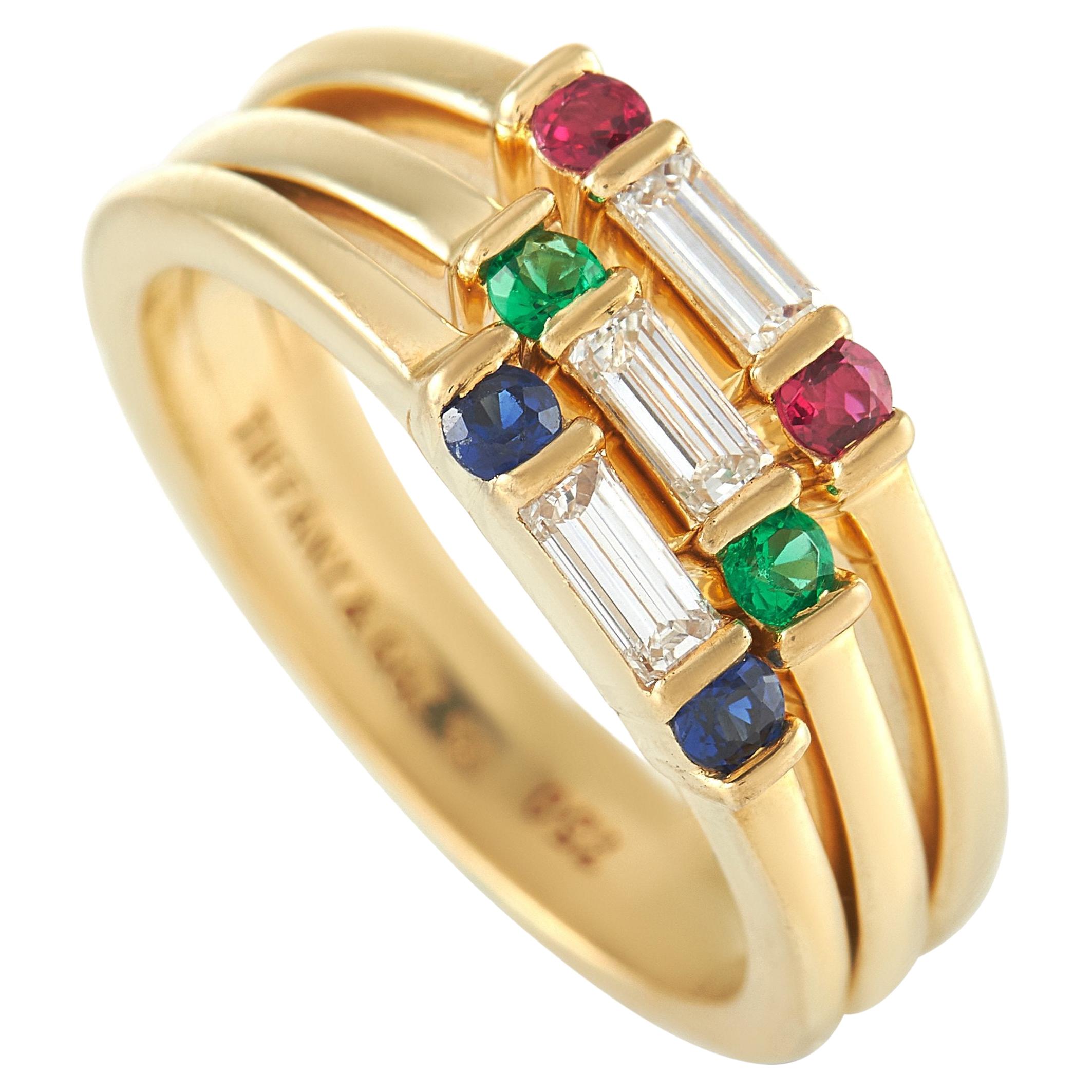 Tiffany & Co. 18K Yellow Gold 0.35 Ct Diamond, Ruby, Sapphire, and Emerald Ring